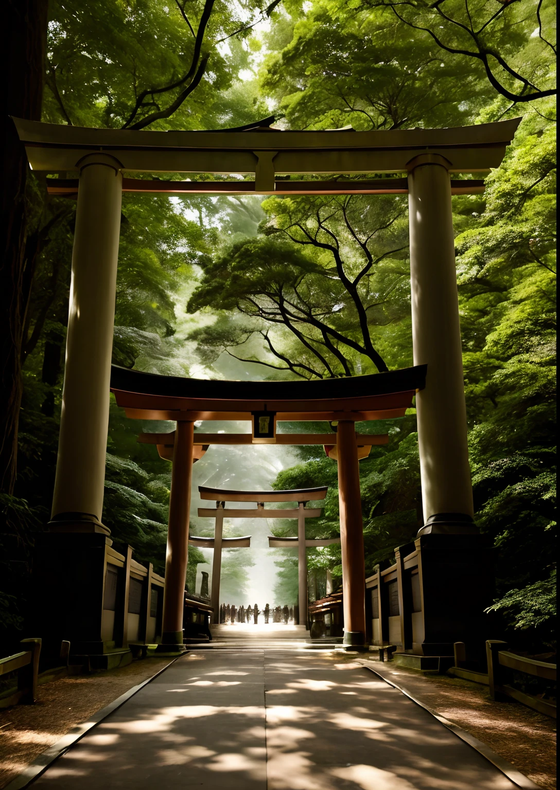 A serene moment at Tokyo's Meiji Shrine, where a traditional torii gate stands amidst a lush forest. The tranquility is palpable, offering a stark contrast to the city's usual hustle and bustle. Medium: Photography. Style: Ultra-detailed, drawing inspiration from the tranquil landscapes captured by Hiroshi Sugimoto. Lighting: Soft, diffused sunlight filtering through the canopy of trees, casting gentle shadows and creating a peaceful atmosphere. Colors: A palette dominated by the rich greens of the forest, contrasted with the vermilion hues of the torii gate.