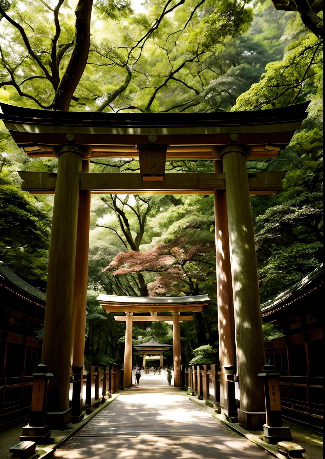 A serene moment at Tokyo's Meiji Shrine, where a traditional torii gate stands amidst a lush forest. The tranquility is palpable, offering a stark contrast to the city's usual hustle and bustle. Medium: Photography. Style: Ultra-detailed, drawing inspiration from the tranquil landscapes captured by Hiroshi Sugimoto. Lighting: Soft, diffused sunlight filtering through the canopy of trees, casting gentle shadows and creating a peaceful atmosphere. Colors: A palette dominated by the rich greens of the forest, contrasted with the vermilion hues of the torii gate.