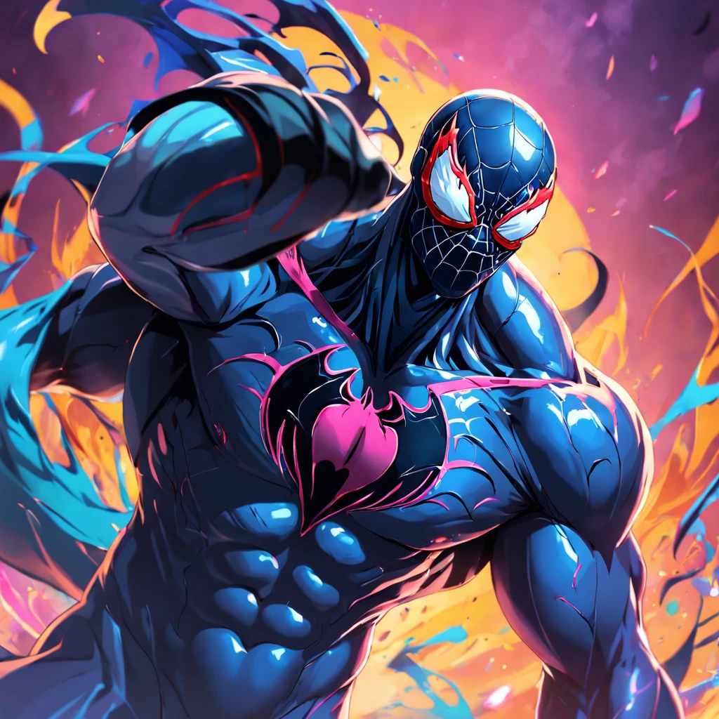 An artful rendering of venom in a cool suit and sunglasses, with a bright and colorful background, rendered in 8K hyper-realism.