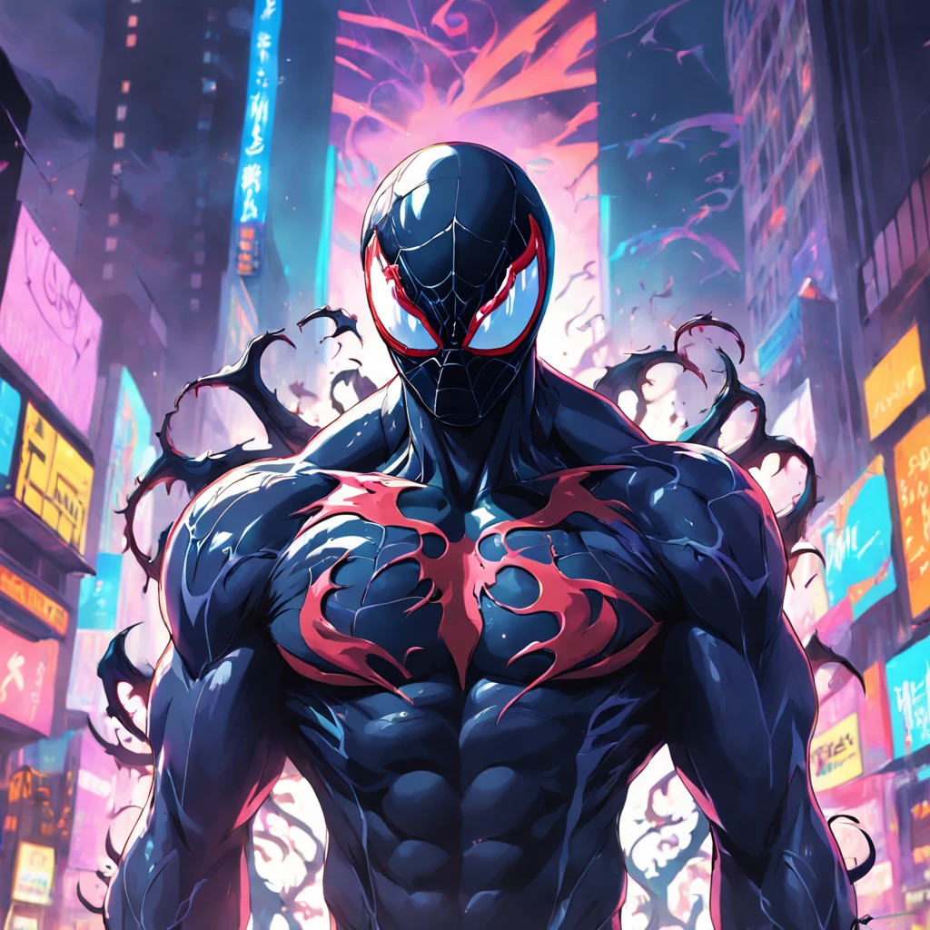 An artful rendering of venom in a cool suit and sunglasses, with a bright and colorful background, rendered in 8K hyper-realism.