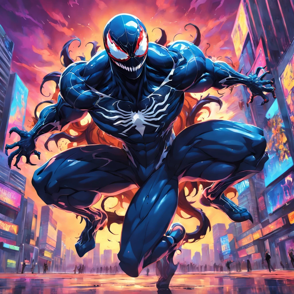 An artful rendering of venom in a cool suit and sunglasses, with a bright and colorful background, rendered in 8K hyper-realism.