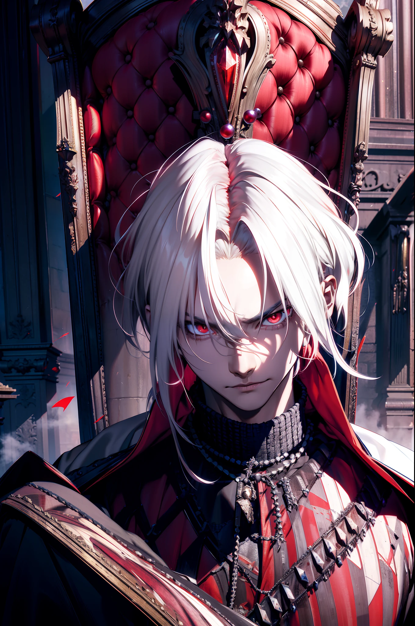 A white-haired, red-eyed prince sits on a majestic throne inside an abandoned palace. The environment around him is dark and gloomy, with evil red eyes in the walls and cobwebs hanging there. The throne is ornate, with details in gold and precious stones, and is covered by a dusty cloth. The protagonist is wearing royal clothing, with a kaneki expression on his face, as he stares at the horizon with glowing red eyes, masterpiece, best quality, ultra-detailed, illustration, 8k resolution concept art, fantasy art, epic art, concept art wallpaper 4k, deep color, natural lighting