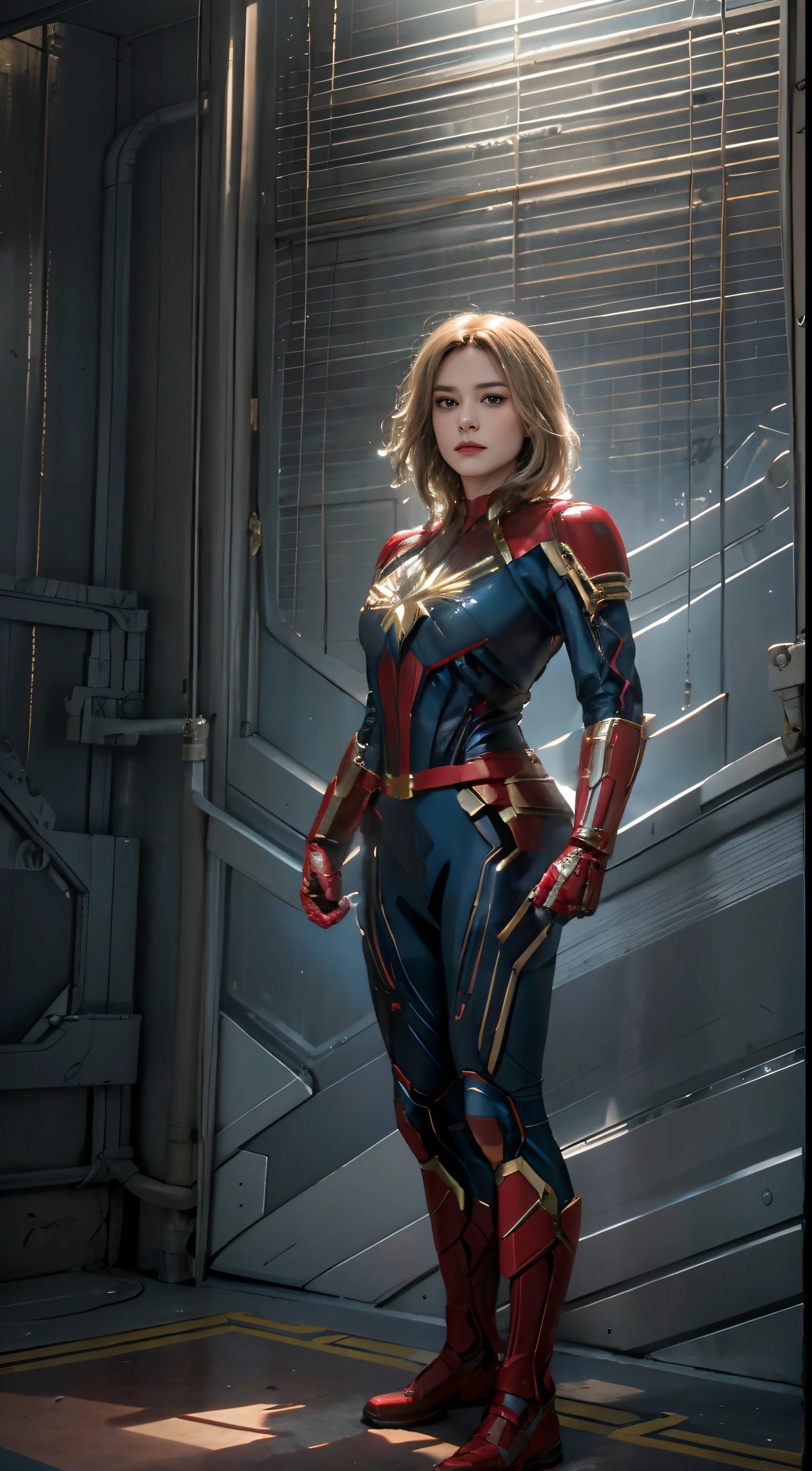 (8k, RAW photos, highest quality, masterpiece: 1.7). (Realistic, Photorealistic: 1.9). Perfect picture of brie larson as captain marvel, standing in a beautiful pose,