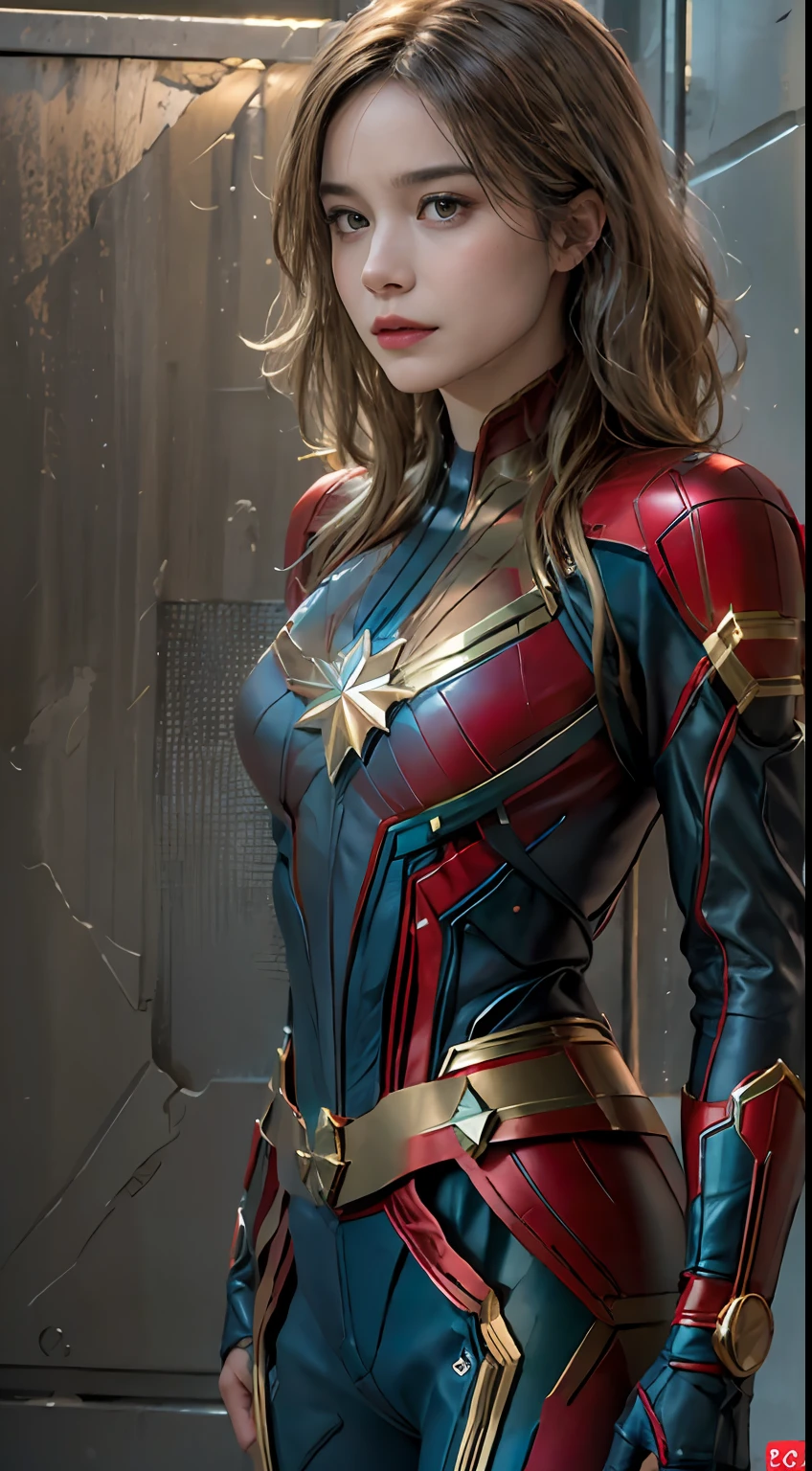 (8k, RAW photos, highest quality, masterpiece: 1.7). (Realistic, Photorealistic: 1.9). Perfect picture of brie larson as captain marvel, standing in a beautiful pose,