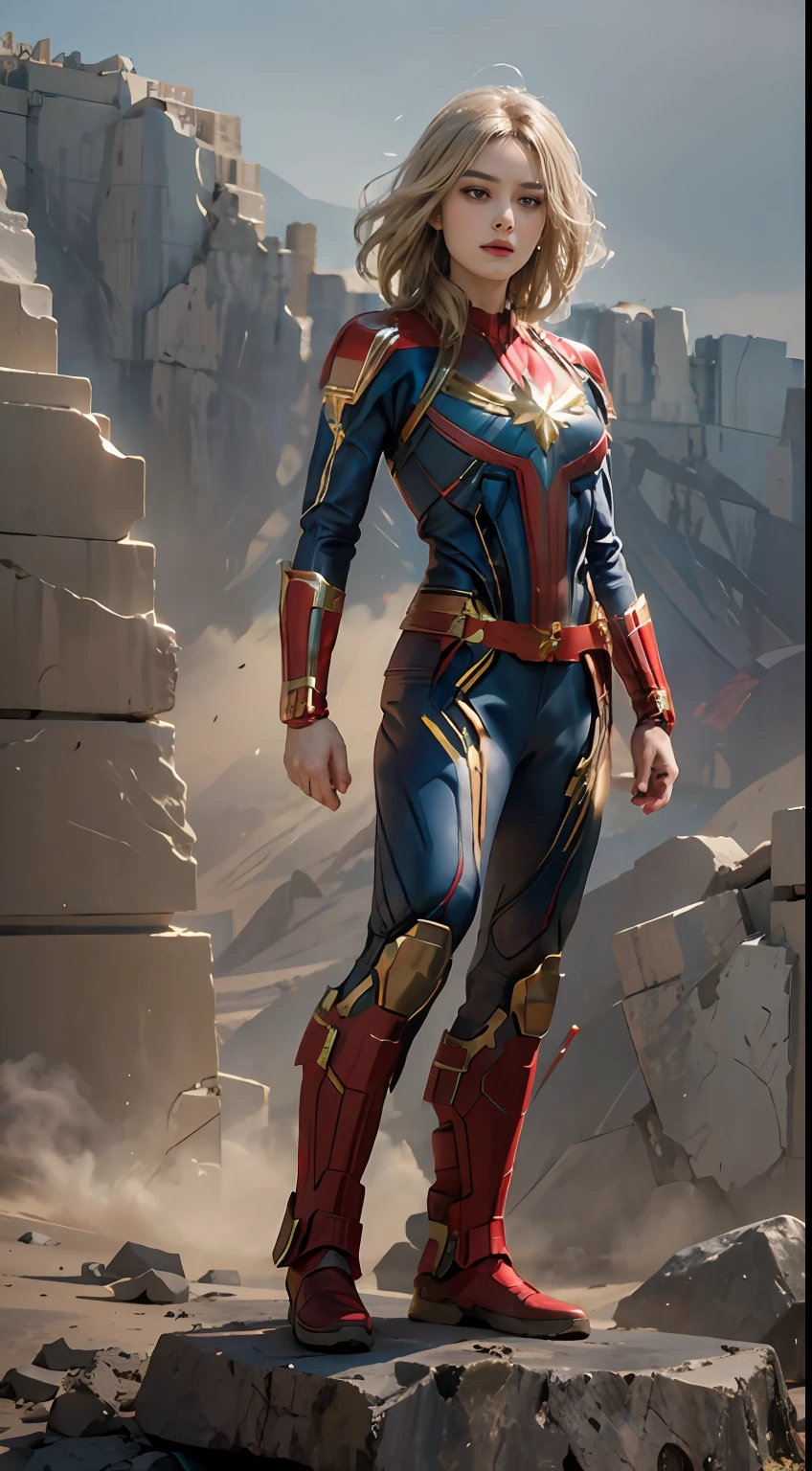 (8k, RAW photos, highest quality, masterpiece: 1.7). (Realistic, Photorealistic: 1.9). Perfect picture of brie larson as captain marvel, standing in a beautiful pose,