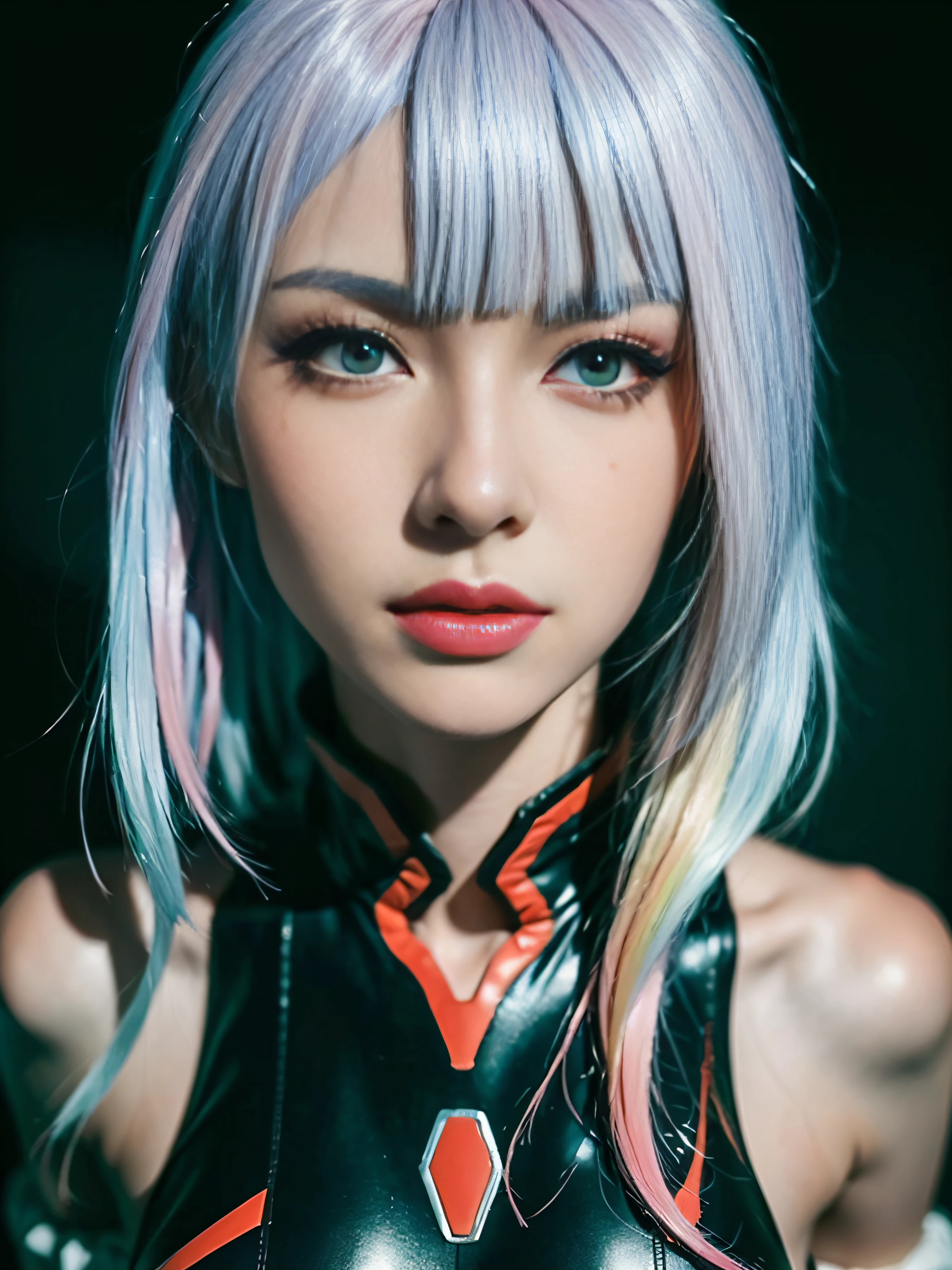 ((Masterpiece, high resolution:1.4), lucy_cyberpunk, (futuristic city at night, neon lights:1), (close up:1.2), (1girl), white short hair, bangs, ((red eyeliner)), ((makeup)), red lips, white off-shouler jacket, black bodysuit, bare shoulders, white shorts, hip vent, black thighhighs, highly detailed skin, skin pores, (highly detailed face:1.5), (highly detailed eyes:1.5), realistic pupils:1.5, full face blush, full lips, (perfect anatomy:1.1), (perfect proportions:1.1), (photography:1.1), (photorealistic:1.1), volumetric lighting, dynamic lighting, real shadows, (highres:1.1), sharp focus, (realistic, hyperrealistic:1.4), intricate, high detail, dramatic, subsurface scattering, big depth of field, vivid, polished, sharpened, ((full Sharp)), (extremely absurdres),16k hdr,