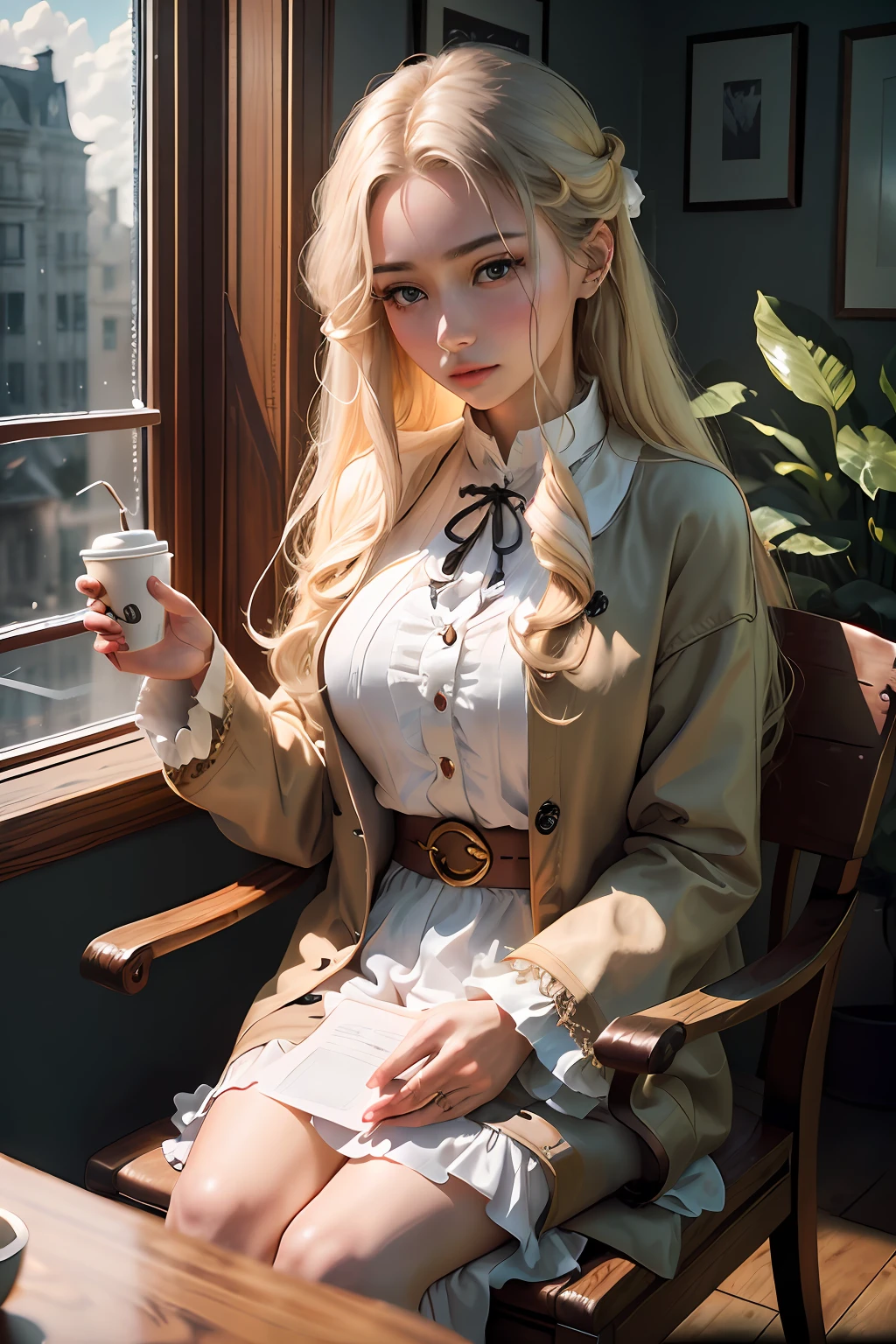 Raw photography, top-quality, masterpiece, extremely delicate and beautiful, ighly detailed, nffsw, Unity, 8K Picture Wallpaper, amazingly detail, detaile, masterpiece, top-quality, Official art, Highly detailed ticker Unity 8k wallpaper, ultra-detailliert, hight resolution, ighly detailed, Clair, Focus, (top-quality), (realisitic, Photorealsitic:1.5), 8K, Soft lighting, hightquality, lighting like a movie, 1womanl、A MILF、Eyes very, Very big、long eyelashes、Frail constitution、Ephemeral beauty、Glossy、In 1981、I have very, very long hair、Long hair、Put on a coat、Wearing a beige coat、Wearing a ruby ring、Wearing a ruby ring、Ring on ring finger、Old Coffee Shop、Inside the coffee shop、Frosted Glass Cafe、City of Winds、Tea leftover table、Sit up、Cheek cane、Sluggishness、August、Vision of sworn love、Life without the weight of a single dead leaf