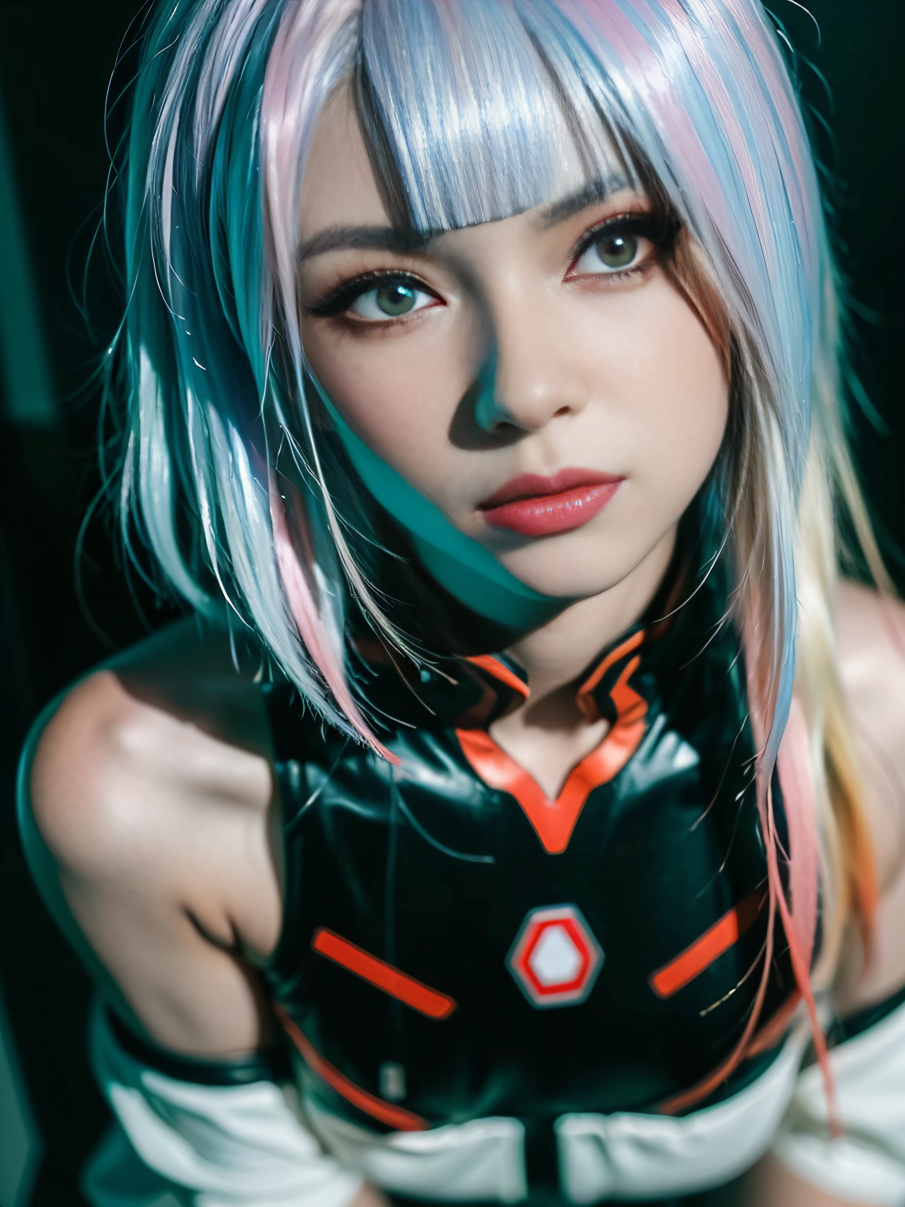 ((Masterpiece, high resolution:1.4), lucy_cyberpunk, (futuristic city at night, neon lights:1), (close up:1.2), (1girl), white short hair, bangs, ((red eyeliner)), ((makeup)), red lips, white off-shouler jacket, black bodysuit, bare shoulders, white shorts, hip vent, black thighhighs, highly detailed skin, skin pores, (highly detailed face:1.5), (highly detailed eyes:1.5), realistic pupils:1.5, full face blush, full lips, (perfect anatomy:1.1), (perfect proportions:1.1), (photography:1.1), (photorealistic:1.1), volumetric lighting, dynamic lighting, real shadows, (highres:1.1), sharp focus, (realistic, hyperrealistic:1.4), intricate, high detail, dramatic, subsurface scattering, big depth of field, vivid, polished, sharpened, ((full Sharp)), (extremely absurdres),16k hdr,