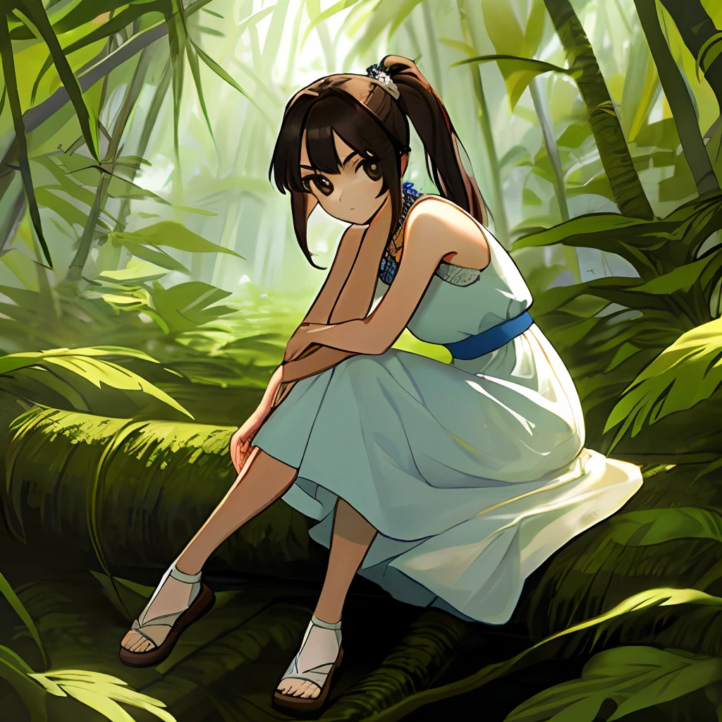white dresses，s girl，Temple，jungles，pony tails，Sit Pose