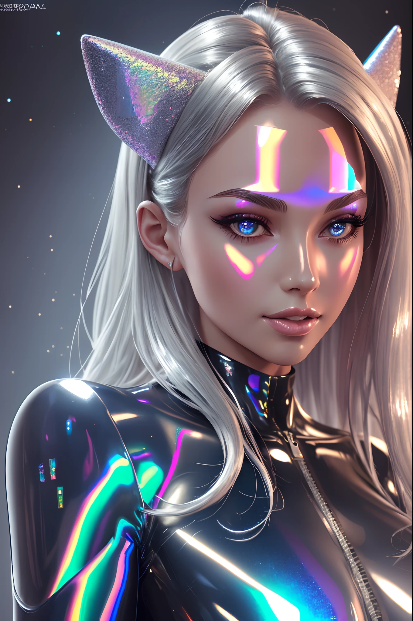 Beautiful young woman, (silver holographic latex plugsuit:1.4), shiny glitter stars around, master piece composition, ultra sharp details, perfect face, ideal shapes, (realistic:1.3), realistic light and shadows, 3d concept art --auto --s2