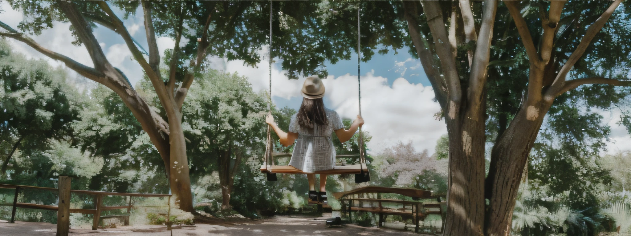 A professional photograph of a sad 3-year-old girl in the park year in 1981, wearing a floral dress and sitting on a swing, with her eyes fixed directly on the camera, conveying a mixture of sadness and emotional intensity, Photography, DSLR camera with a 50mm portrait lens, --air 3:2 --v 5