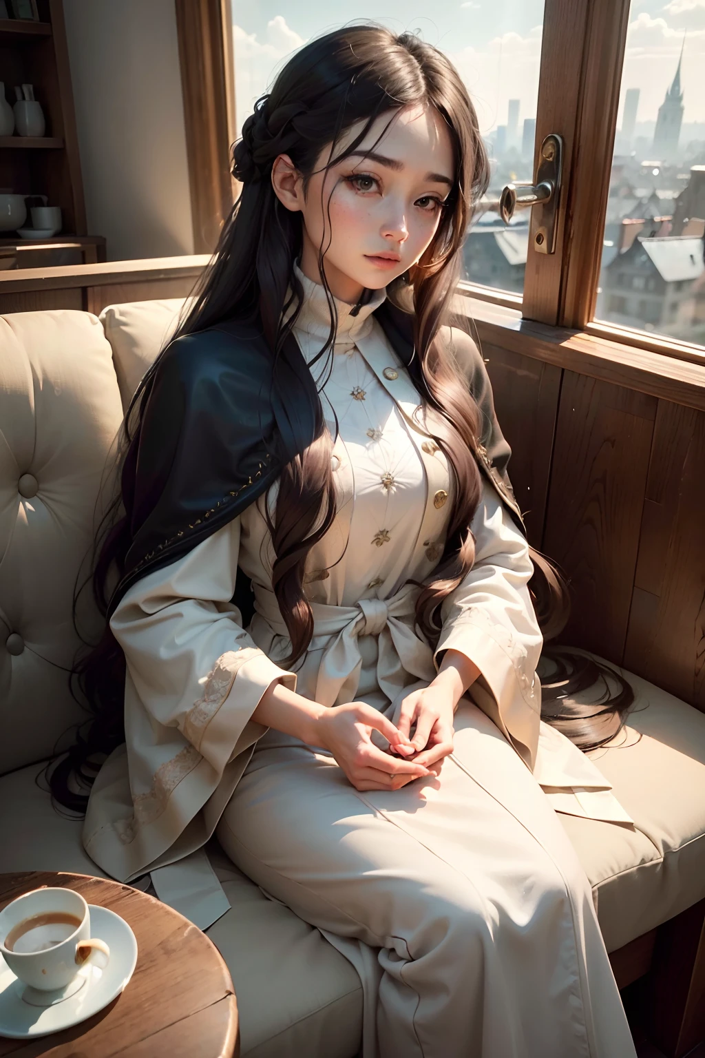 Raw photography, top-quality, masterpiece, extremely delicate and beautiful, ighly detailed, nffsw, Unity, 8K Picture Wallpaper, amazingly detail, detaile, masterpiece, top-quality, Official art, Highly detailed ticker Unity 8k wallpaper, ultra-detailliert, hight resolution, ighly detailed, Clair, Focus, (top-quality), (realisitic, Photorealsitic:1.5), 8K, Soft lighting, hightquality, lighting like a movie, 1womanl、A MILF、Eyes very, Very big、long eyelashes、Frail constitution、Ephemeral beauty、Glossy、In 1981、I have very, very long hair、Long hair、Put on a coat、Wearing a beige coat、Wearing a ruby ring、Wearing a ruby ring、Ring on ring finger、Old Coffee Shop、Inside the coffee shop、Frosted Glass Cafe、City of Winds、Tea leftover table、Sit up、Cheek cane、Sluggishness、August、Vision of sworn love、Life without the weight of a single dead leaf