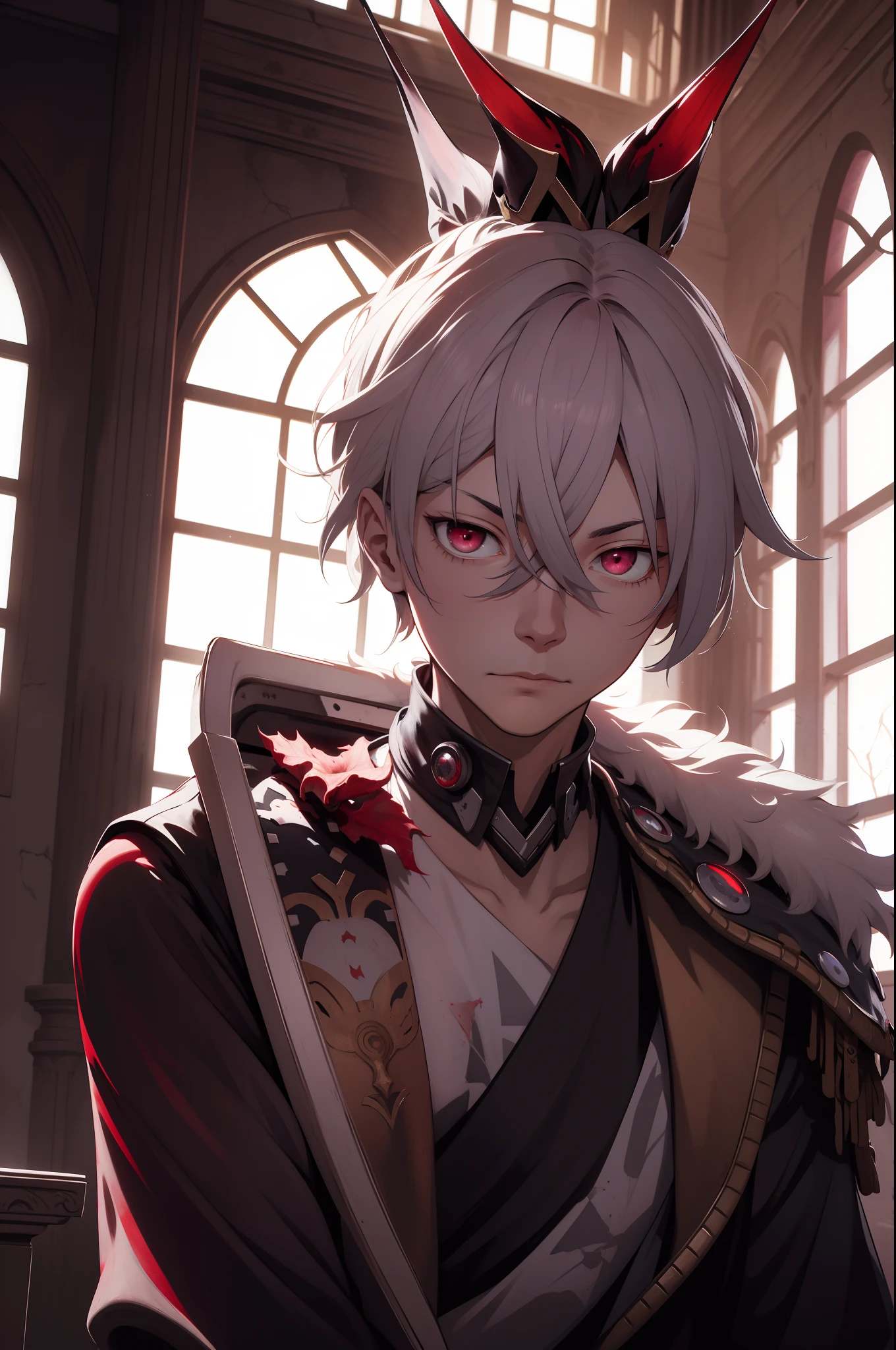 A white-haired, red-eyed prince sits on a majestic throne inside an abandoned palace. The environment around him is dark and gloomy, with evil red eyes in the walls and cobwebs hanging there. The throne is ornate, with details in gold and precious stones, and is covered by a dusty cloth. The protagonist is wearing royal clothing, with a kaneki expression on his face, as he stares at the horizon with glowing red eyes, masterpiece, best quality, ultra-detailed, illustration, 8k resolution concept art, fantasy art, epic art, concept art wallpaper 4k, deep color, natural lighting