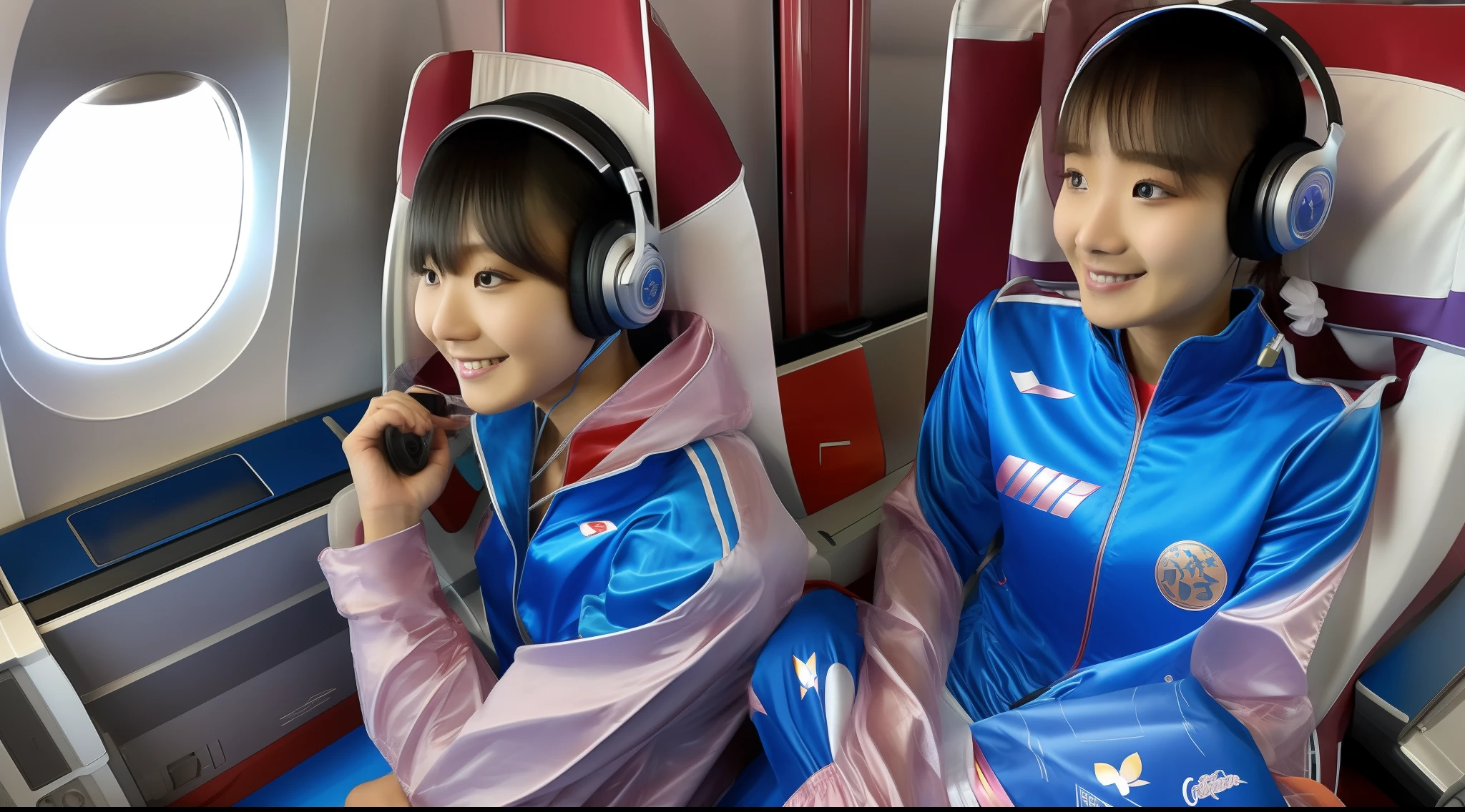 Asian woman sitting on airplane wearing headphones, 🚿🗝📝, chiho, wearing track and field suit, Anime girl in real life, sakimichan, xintong chen, girl portrait, kanliu666, shinsui ito