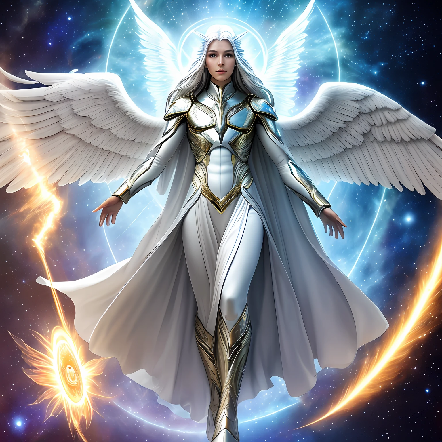 Alien appearance humans, angelic, selestial, full body, beautiful, spiritual being, benevolent, with an aura on the head, sorindo, with radiant energy, archangel miguel style, galactic confederation, high quality, ultra-realistic, professional photography, human,