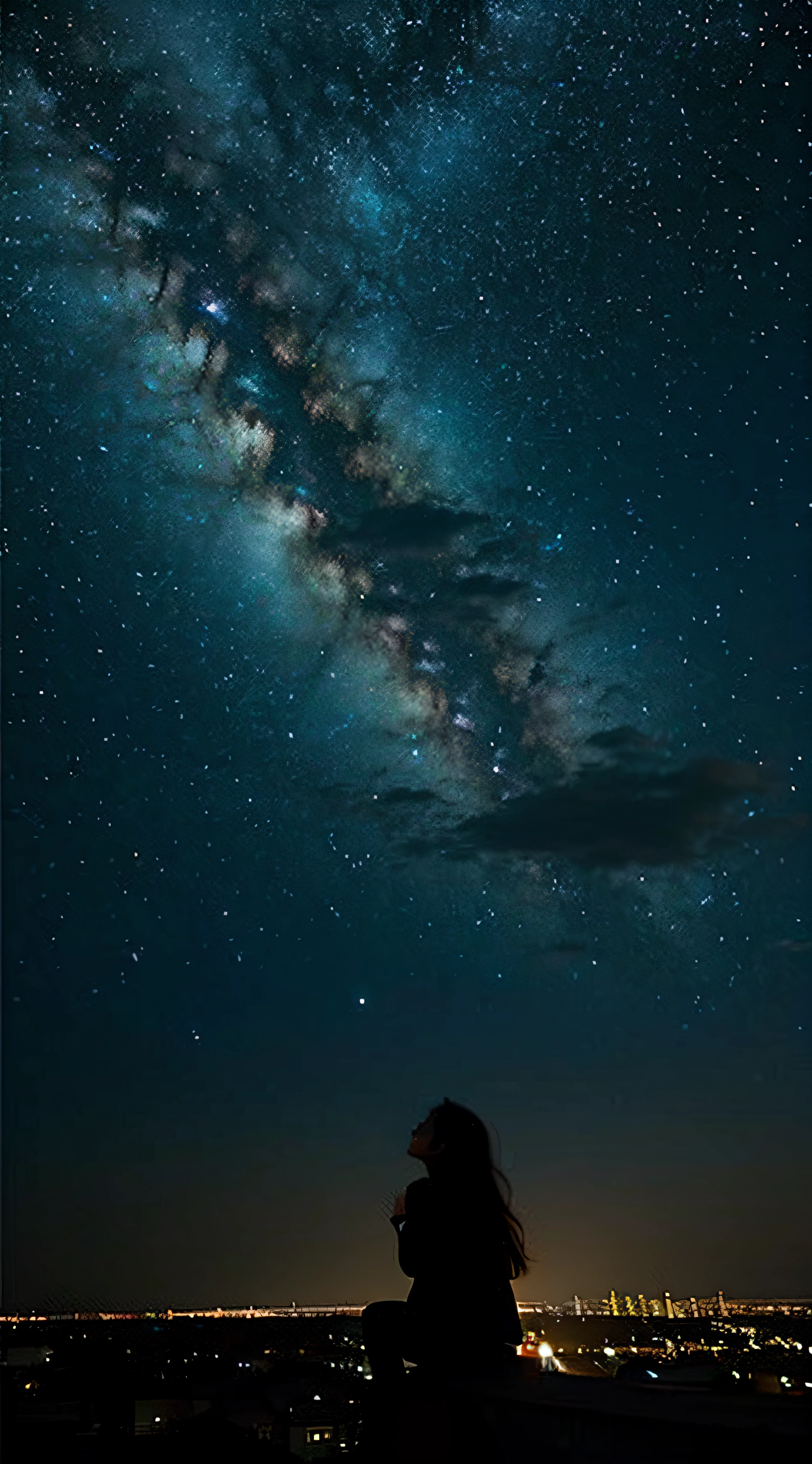 octans, sky, star (sky), scenery, starry sky, night, 1girl, night sky, solo, outdoors, building, cloud, milky way, sitting, tree, long hair, city, silhouette, cityscape