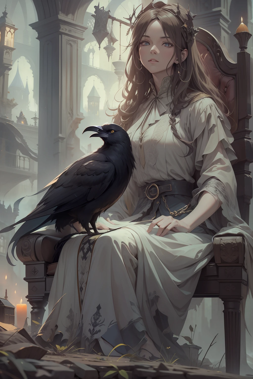 An old witch sits in a Kadilau chair in the background,She was holding a Soniste crow ,gloomy castle,solid color backdrop,clean backdrop,depth of fields,high light,Real light,Ray traching,OC renderer,UE5 renderer,Hyper-realistic,best qualtiy,8K,Works of masters,super-fine,Detailed pubic hair,Correct anatomy,