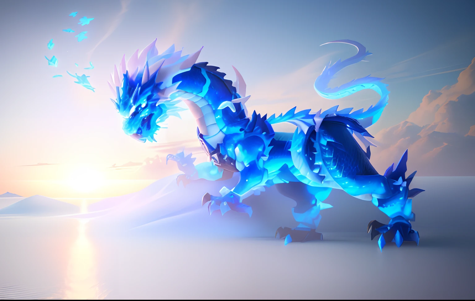 There is a blue dragon with white wings flying in the sky., cyan chinese dragon fantasy, dragon inspired blue armor, frost dragon, blue scaled dragon, crystal dragon, chinese dragon concept art, blue dragon, depicted as a 3 d render, smooth chinese dragon, legendary dragon, frostbite 3 rendered, lung dragon, water dragon, blue fire powers, Blue Desinn