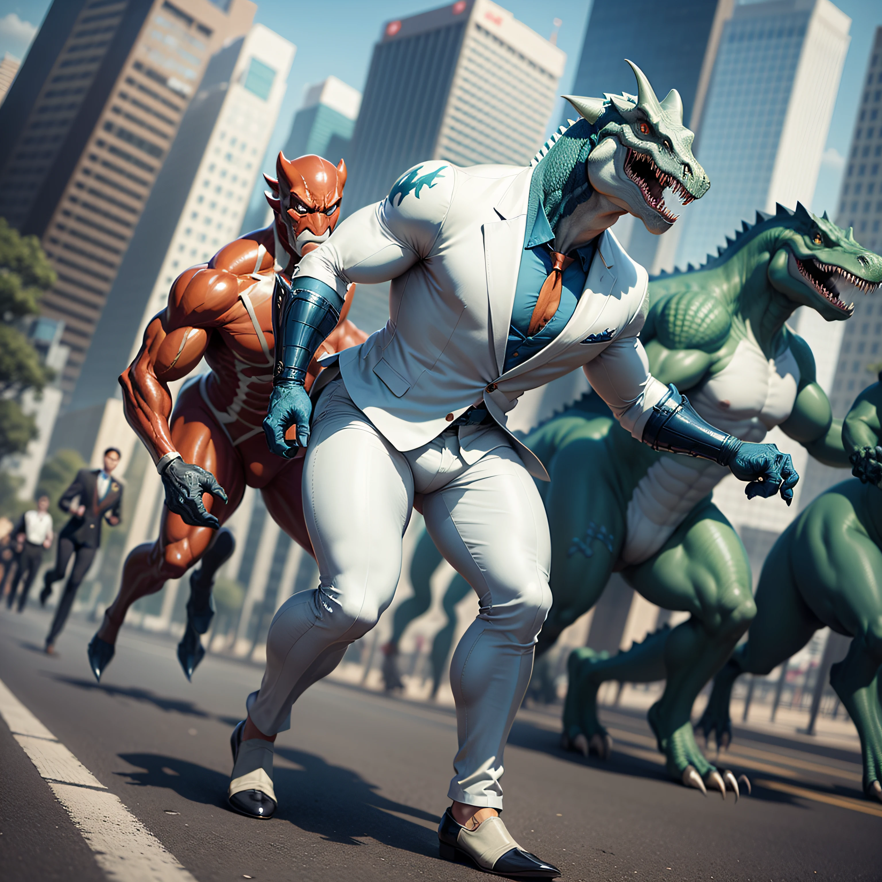 Dinosaurs, stylish, suits, African ethnicities, ethnic makeup, chiefdoms, transparent backgrounds, a full-body design, hero's equipment and weapons, Tyrannosaurus, Triceratops, humanoid, Samurai, Hero, Superman, Batman, Suit style, business style, Business suits, business shoes, business ties,Alafe in a suit running down the street, wearing white suit, Half Shark Alligator Halfman, wearing futuristic white suit, Inspired by Adam Rex, White suit, Wearing a white suit and glasses, Angry Gecko English gentleman, velociraptor, wearing a worn out suit, outrun style, Run for your life, in an action pose, Dressed in a suit, one person, Face with makeup on, A Person, White dinosaurs, rugged dinosaurs, rugged dinosaurs, big face, big head, Perfect full-body figure, stylish body, muscle body, The figure from head to toe,