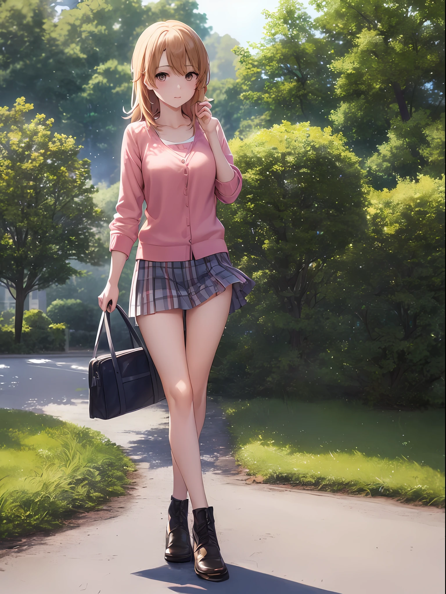 (Top Quality, 8K, masuterpiece: 1.3), Beauty, (1 girl:1.3), (solo:1.3), full body:1.3, Beautiful: 1.3, A slender : 1.1, Beautiful lighting, Casual Wear, Mini Skirt, (Breasts),Walking, In the park, Looking at Viewer,(Iroha Isshiki:1.3)