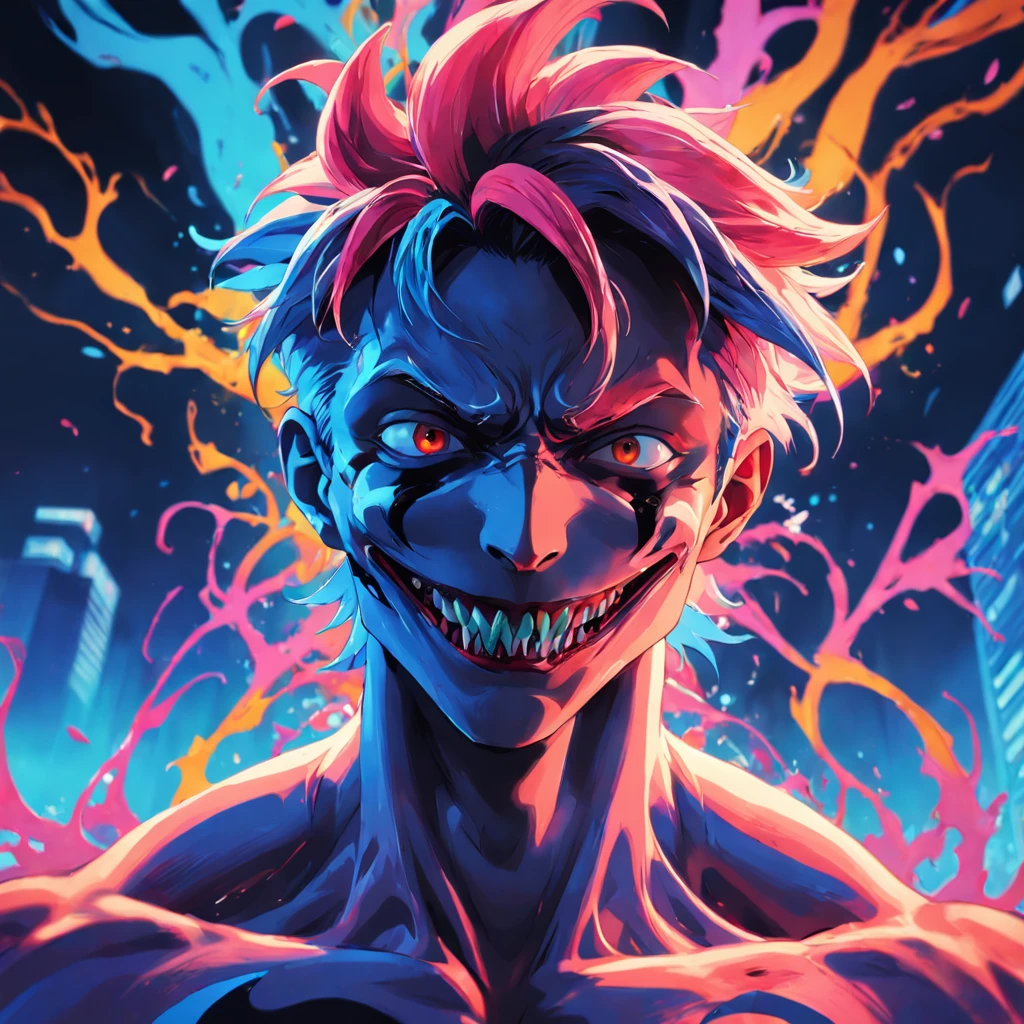 An artful rendering of venom in a cool style with a bright and colorful background, rendered in 8K hyper-realism.