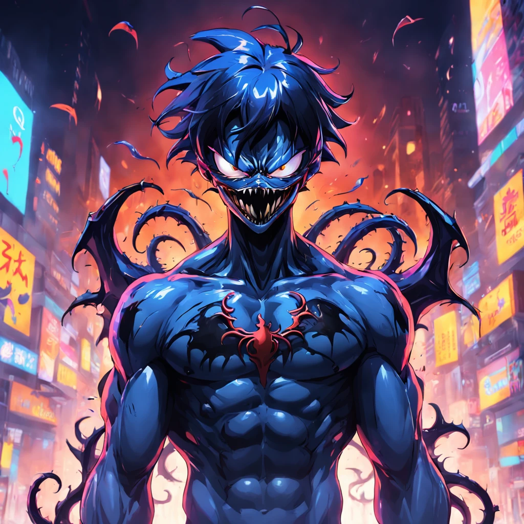 An artful rendering of venom in a cool style with a bright and colorful background, rendered in 8K hyper-realism.
