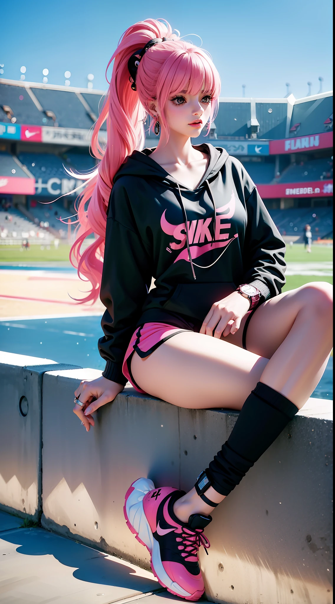 blush from anime one piece, long hair, pink hair, bangs, ponytail, wears mascara, perfect body, perfect boobs, beautiful woman, very beautiful, wears black nike hoodie, black jogger pants, wears watch, wears earrings, wears shoes white nike, be on the football field, Realism, masterpiece, textured skin, super detail, high detail, high quality, best quality, 1080P, HD, 16k