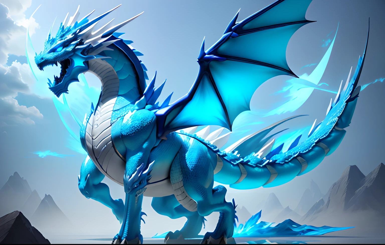 There is a blue dragon with white wings flying in the sky.., cyan chinese dragon fantasy, dragon inspired blue armor, frost dragon, blue scaled dragon, crystal dragon, chinese dragon concept art, blue dragon, depicted as a 3 d render, smooth chinese dragon, frostbite 3 rendered, legendary dragon, lung dragon, water dragon, blue fire powers, Blue Desinn