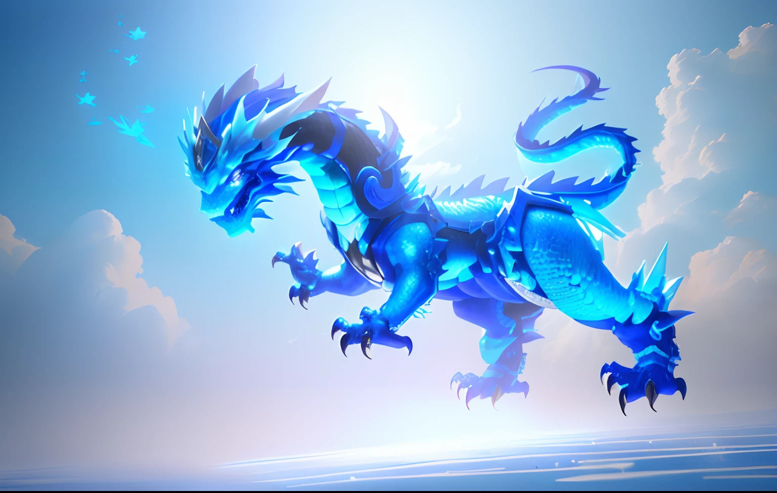 There is a blue dragon with white wings flying in the sky.., cyan chinese dragon fantasy, dragon inspired blue armor, frost dragon, blue scaled dragon, crystal dragon, chinese dragon concept art, blue dragon, depicted as a 3 d render, smooth chinese dragon, legendary dragon, frostbite 3 rendered, lung dragon, water dragon, blue fire powers, Blue Desinn