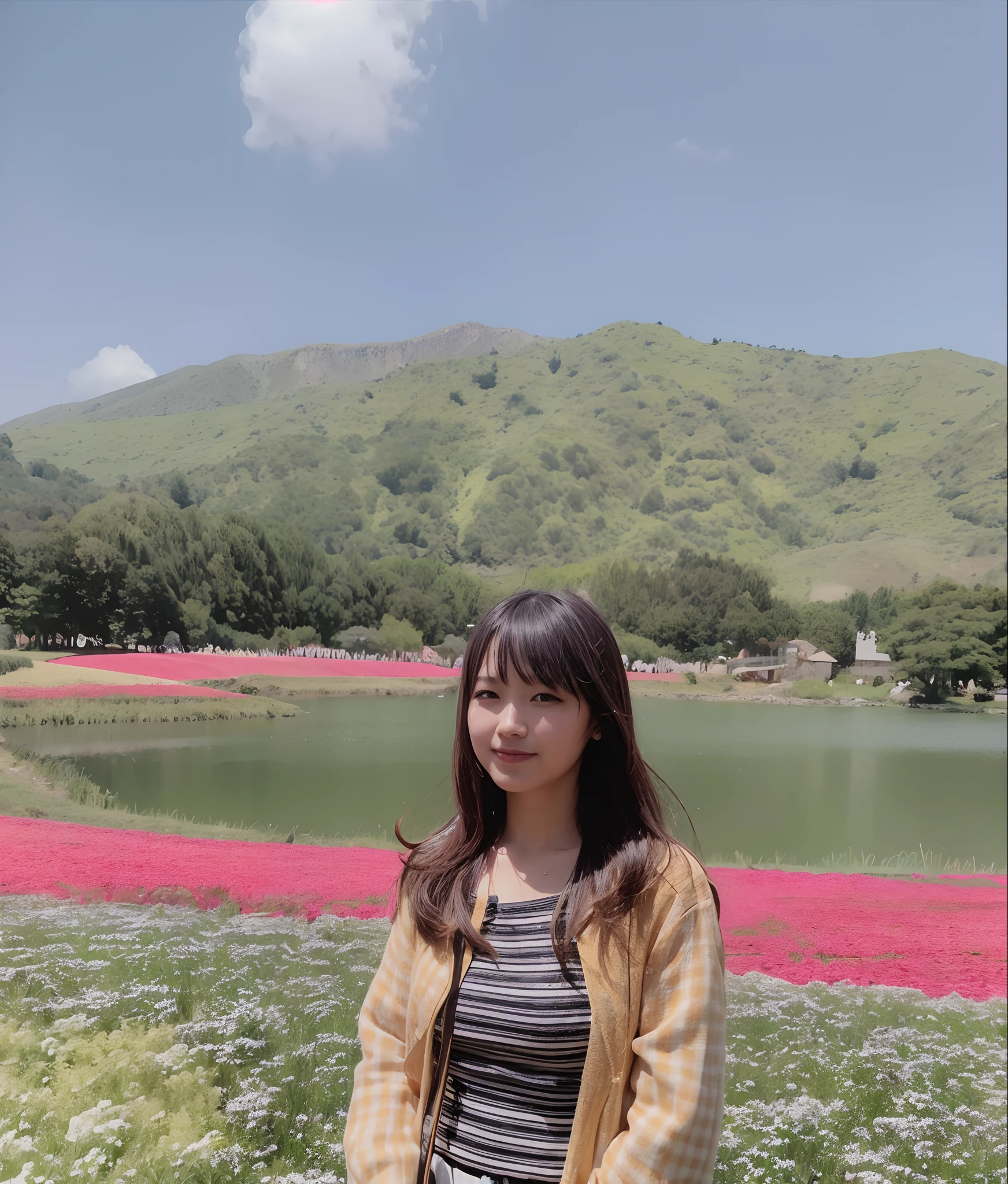 there is a woman standing in front of a lake with flowers, with flower fields as foreground, standing in flower field, standing in a flower field, taken with sony alpha 9, girl frontal in a flower field, Middle metaverse, girl in a flower field, taken with canon eos 5 d mark iv