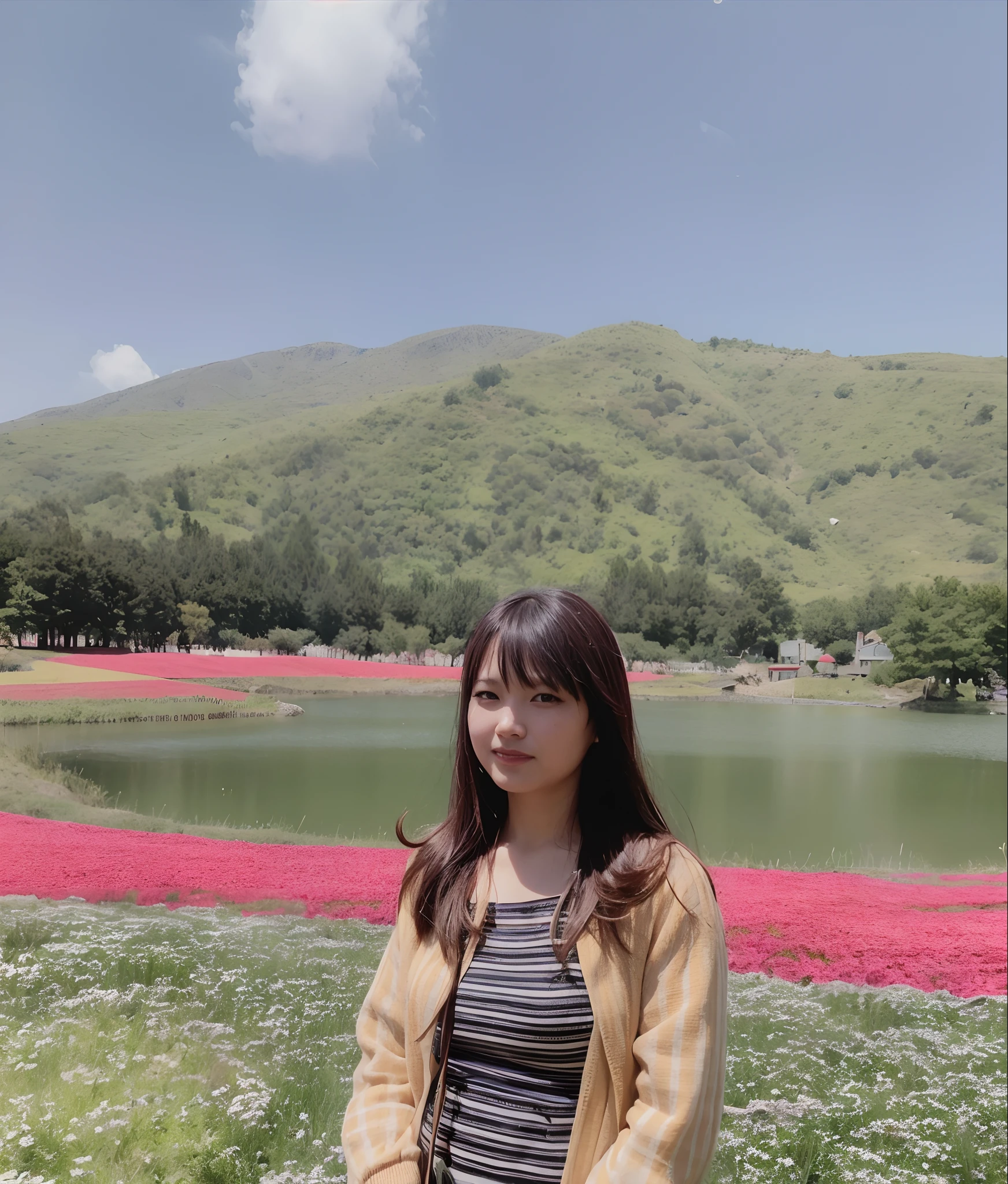 there is a woman standing in front of a lake with flowers, with flower fields as foreground, standing in flower field, standing in a flower field, taken with sony alpha 9, girl frontal in a flower field, Middle metaverse, girl in a flower field, taken with canon eos 5 d mark iv
