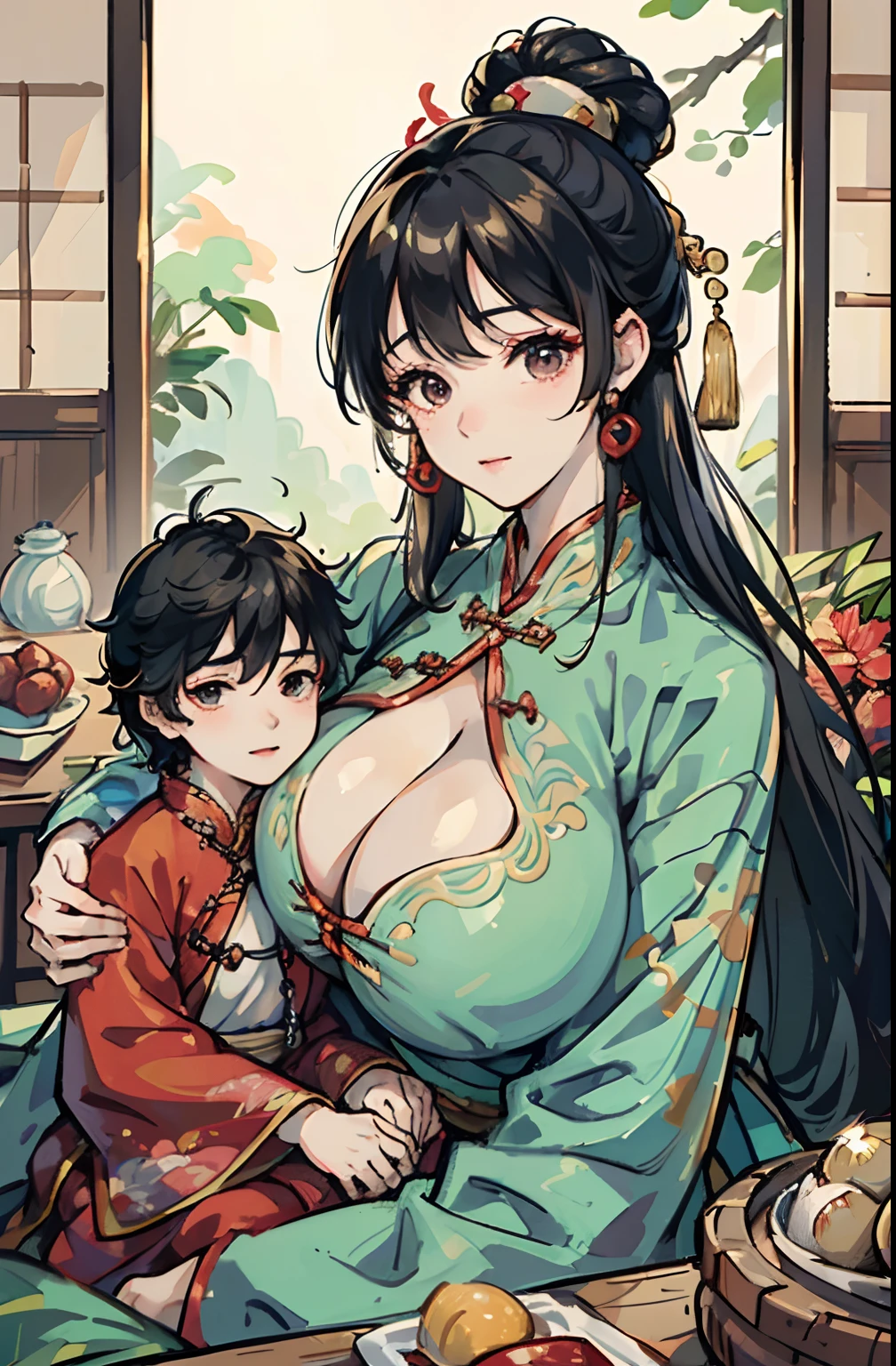 The highest image quality,8K, ),(close-up),(Han Chinese clothing, Hanfu :1.5),(Mother and son are together:1.7) 1girl in,Grab by hand,hug,(a 10 year old boy:1.5),(1boys),{26-year-old lactating woman}, (Huge breasts:1.6), (Areola:1.8),ssmile,In the teahouse,East Asian Architecture rub one's breasts、the kiss
