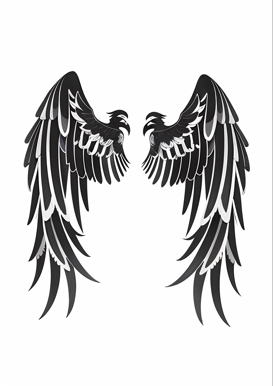 A pair of black wings on a white background, Black angel wings, black wings instead of arms, 2 wings, Angel wings, Symmetrical wing, infinite angel wings, large wings, Wings, Black wings, Angelic wings, symetrical wings, Demon wings, Archangel wings on the back, with her wings spread wide, detailed wings, wings on back, Symmetrical wings, raven angel wings