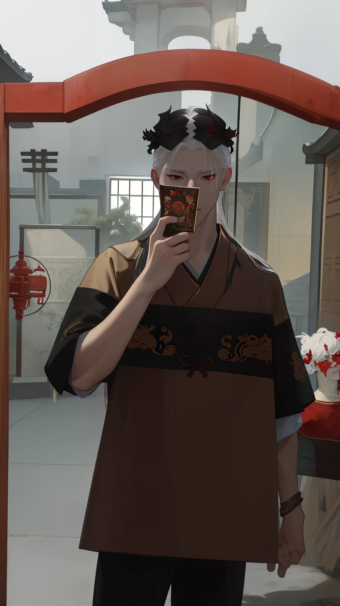 nsfw, masterpiece, best quality, ultra-detailed, semi-realistic, detailed facial features, 1boy, white hair, long hair, red eyes, wearing a detailed and intricate xianxia ancient clothes