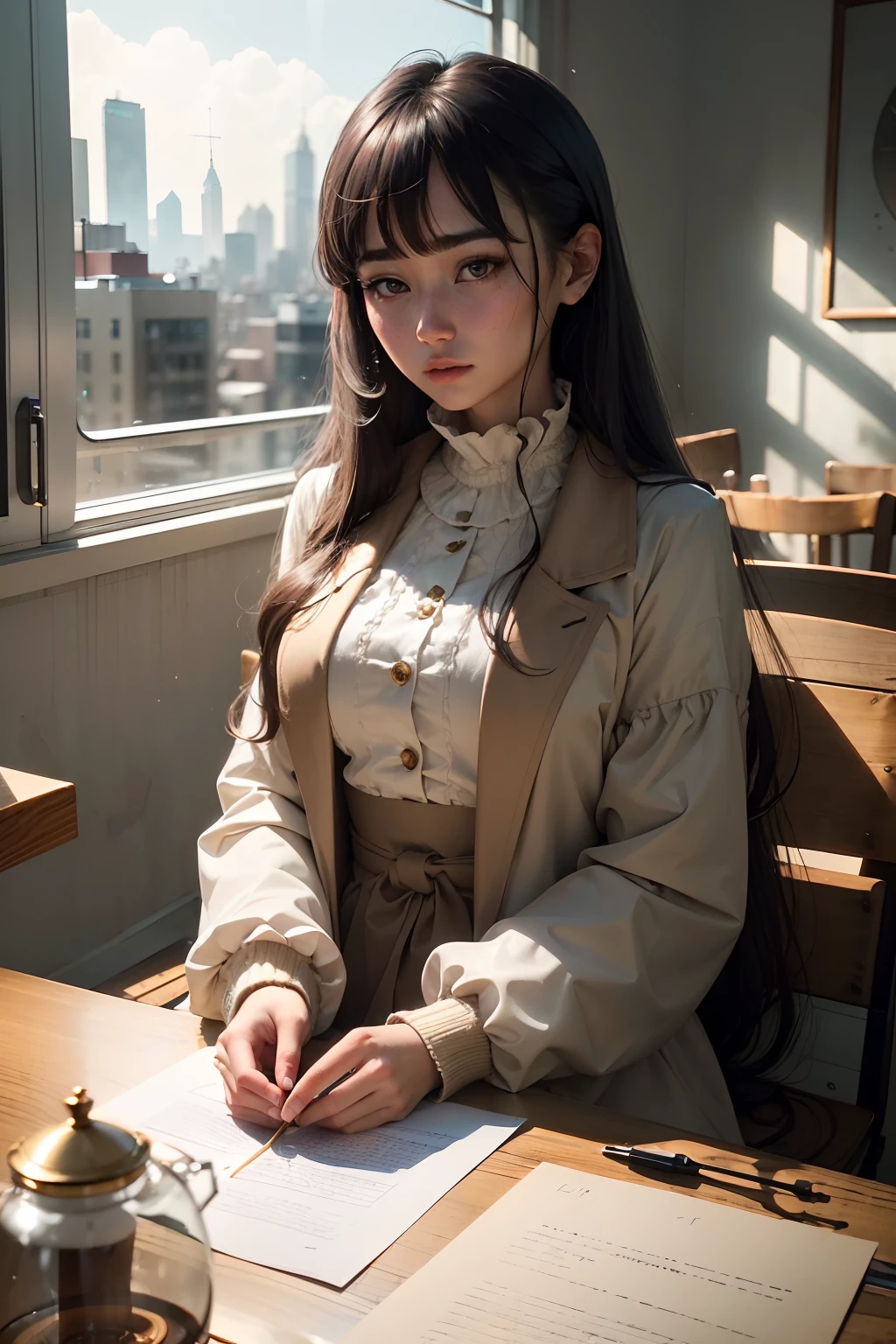Raw photography, top-quality, ​masterpiece, extremely delicate and beautiful, ighly detailed, nffsw, Unity, 8K Picture Wallpaper, amazingly detail, detaile, ​masterpiece, top-quality, Official art, Highly detailed ticker Unity 8k wallpaper, ultra-detailliert, hight resolution, ighly detailed, Clair, Focus, (top-quality), (realisitic, Photorealsitic:1.5), 8K, Soft lighting, hightquality, lighting like a movie, 1womanl、A MILF、Eyes very, Very big、long eyelashes、Frail constitution、Ephemeral beauty、Glossy、In 1981、I have very, Very long hair、Long hair、Put on a coat、Wearing a beige coat、Old Coffee Shop、Inside the coffee shop、Frosted Glass Cafe、City of Winds、Tea leftover table、Ring on the table、Table with rings、Sit up、Cheek cane、Sluggishness、August、Vision of Vowed Love、Life without the weight of a single dead leaf