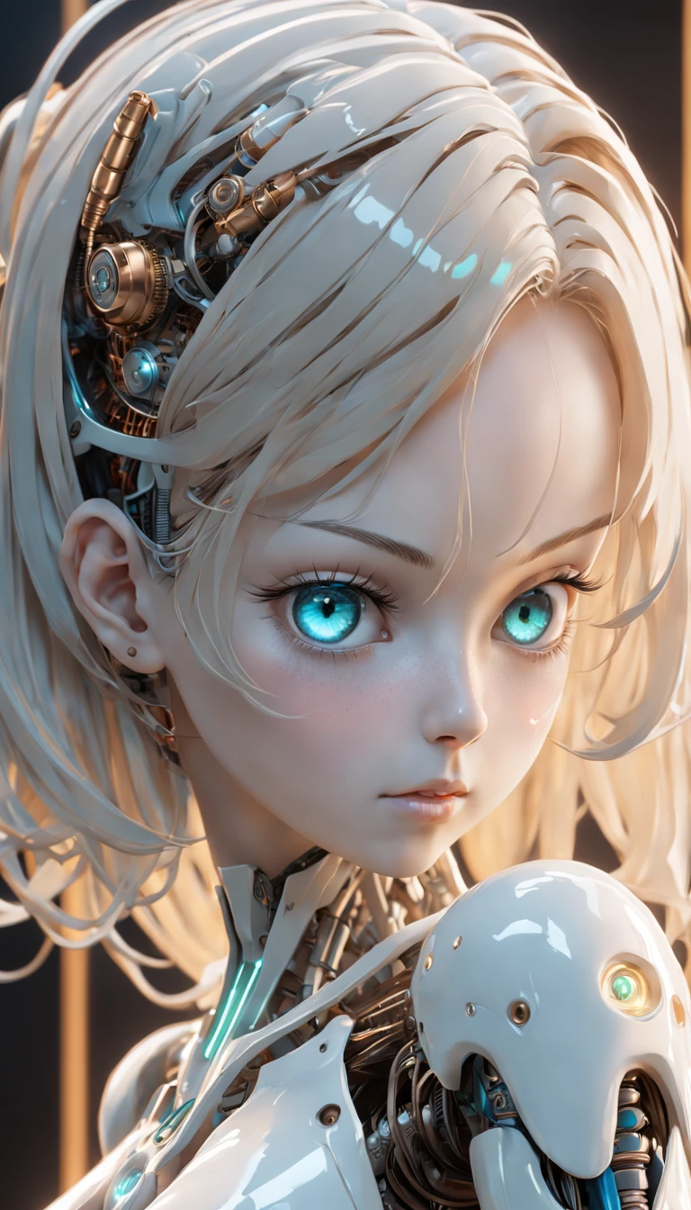 complex 3d render ultra detailed of a beautiful porcelain woman android face, cyborg, robotic parts, 150 mm, beautiful studio soft light, rim light, vibrant details, luxurious cyberpunk, lace, hyperrealistic, anatomical, electric wires, microchip, elegant, laboratory in the background, octane render, H.R Giger style, 8k,blue hair,inverted bob hairstyle,translucent plastic body,serene glowing eyes,green eyes, Miki Asai Macro photography, close-up, hyper detailed, trending on artstation, sharp focus, studio photo, intricate details, highly detailed, by greg rutkowski