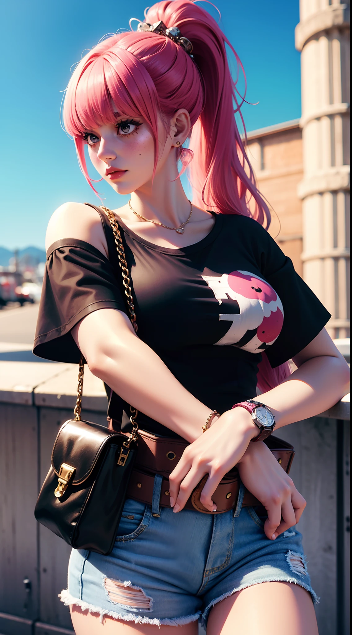 blush from anime one piece, long hair, pink hair, bangs, ponytail, wears mascara, perfect body, perfect breasts, beautiful woman, very beautiful, wears black oversized t-shirt, short jeans, wears a handbag, wears a watch, wears earrings , super market , Realism, masterpiece, textured skin, super detail, high detail, high quality, best quality, 1080P, HD, 16k