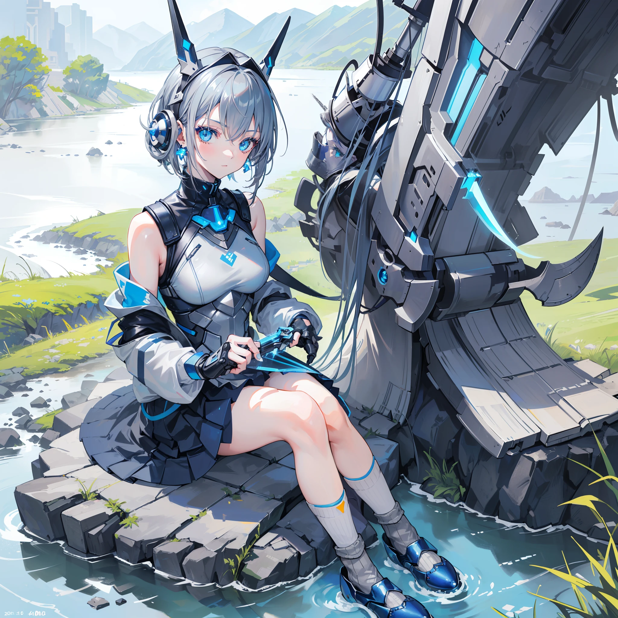 An Anime , Blue and grey metal armor, blue hand and thigh accessories, (((Short dark blue grey hair))), hair accessories, grey eyes, silver earrings, nose, curious, healthy skin, ((((holding a futuristic gunblade)))), cute, vibrant colors on shirt, ((((sitting down in a grassfield next to a river)))), high resolution, highest quality, ultra detailed, detailed face, (detailed eyes), best quality, hyper detailed, masterpiece, (detailed face), clean face, (((((sitting and using hands to take off her metal shoes and socks))))), show feet