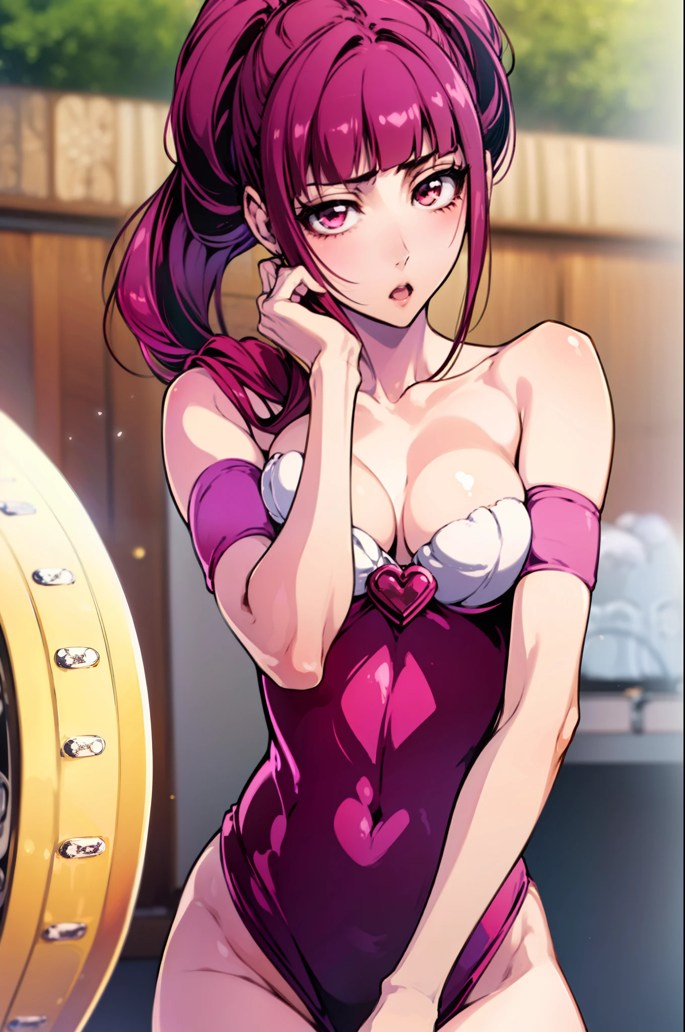 riruka, (masterpiece), (best quality), perfect faces, sense of depth, ultra-detailed, 1girl, solo, full body, character focus, Slight blush, shy, Detailed hands, hair tied back, fully naked body, submissive, perky tits, big breasts