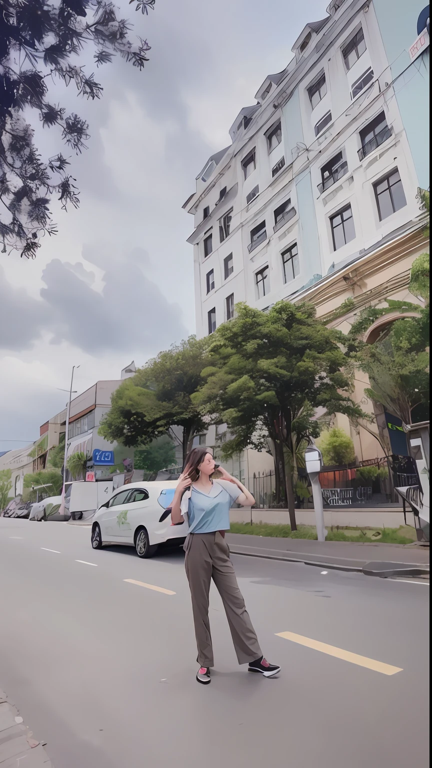 there is a woman standing on the street talking on her cell phone, shot on canon eos r5, shot on canon eos r 5, in city street, dang my linh, standing in a city center, the city is full of green plants, shot on iphone 1 3 pro max, taken on iphone 14 pro, taken on iphone 1 3 pro