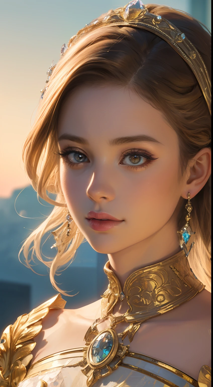 (Ultra-high quality masterpiece,Beautiful bust of an 18-year-old noble girl,Classical braids,The eyes are shiny and clear,Floral craftsmanship,Crystal jewelry,Ultra-fine details,Soft lighting)