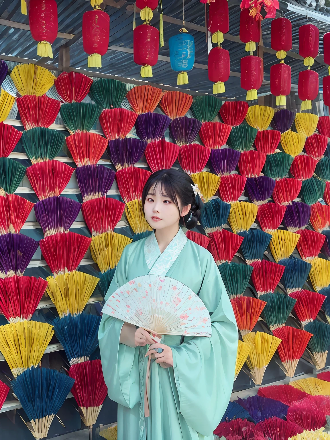 araffe woman in green dress holding a fan in front of a wall of colorful fan's, inspired by Gao Kegong, inspired by Cheng Shifa, wearing rainbow kimono, chinese artist, traditional japanese colors, colourful, inspired by Itō Shinsui, inspired by Tani Bunchō, standing in a buddhist temple, inspired by Fan Kuan