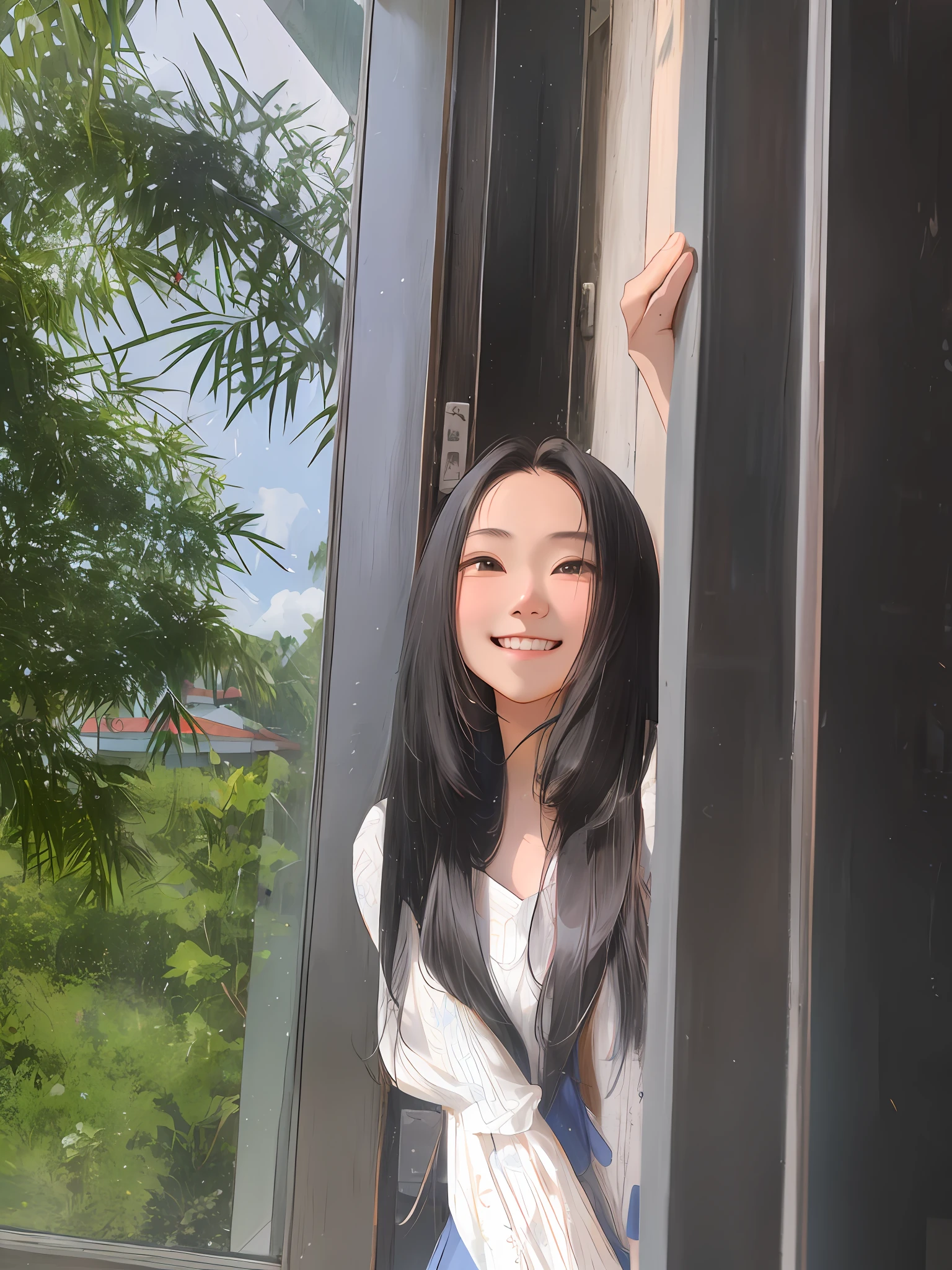 there is a young girl smiling standing outside of a window with her hand on the door, with long hair, xintong chen, asian girl with long hair, wenfei ye, ruan cute vtuber, nivanh chanthara, 8k selfie photograph, with white long hair, headshot profile picture, mai anh tran, dang my linh