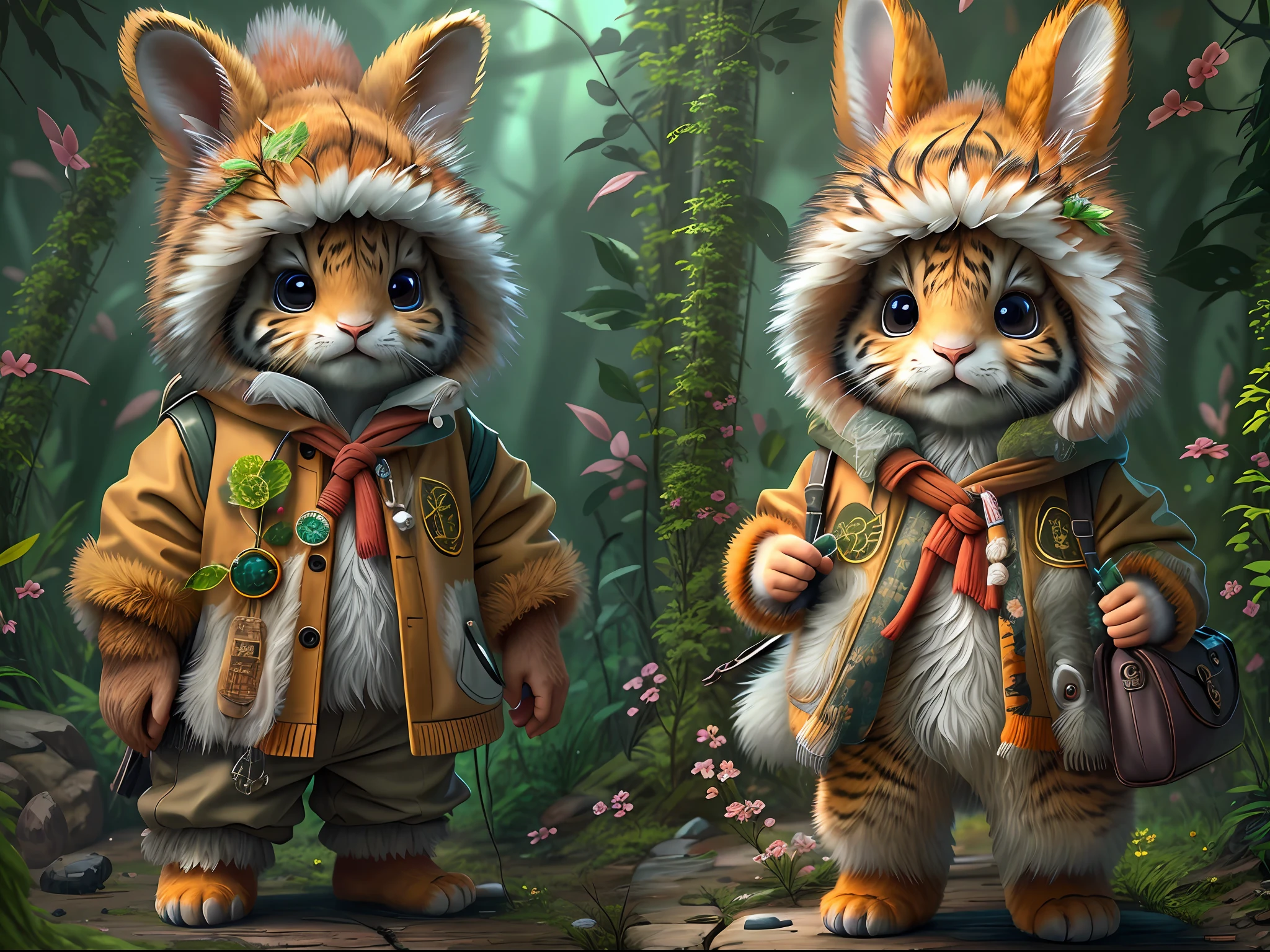 Top image quality、"Create cute creature masterpieces with inspired ultra-detailed concept art. Let your imagination come alive", （Baby rabbit）, high detailing, in 8K、Top image quality、forest fae、Wearing tiger fur、Realistic coat、big ears from a hat、