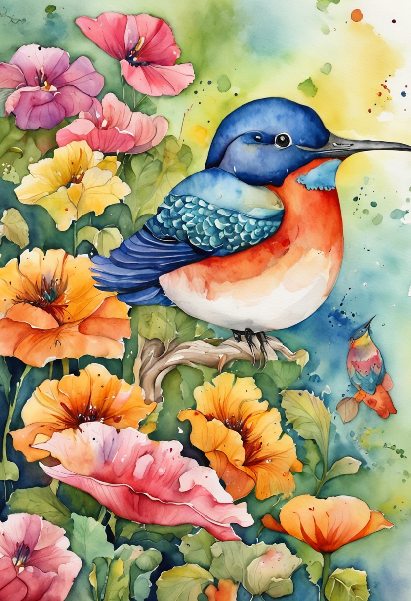 whales, blue sky, many colors, birds, flowers, many animals