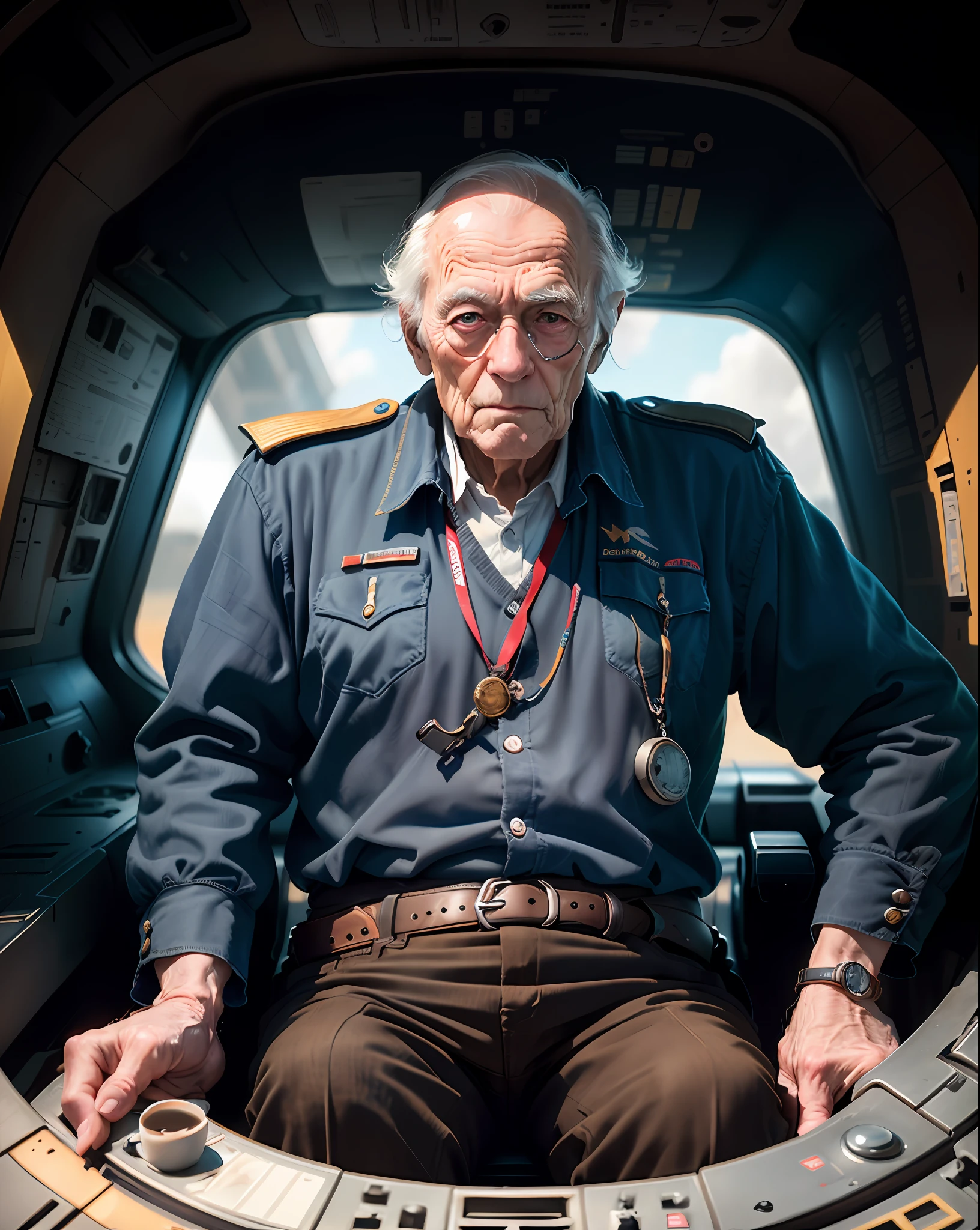 high resolusion，maximum quality，illustartion，Ultra detailed, an old man was sitting in the cockpit of the mecha
 INFO