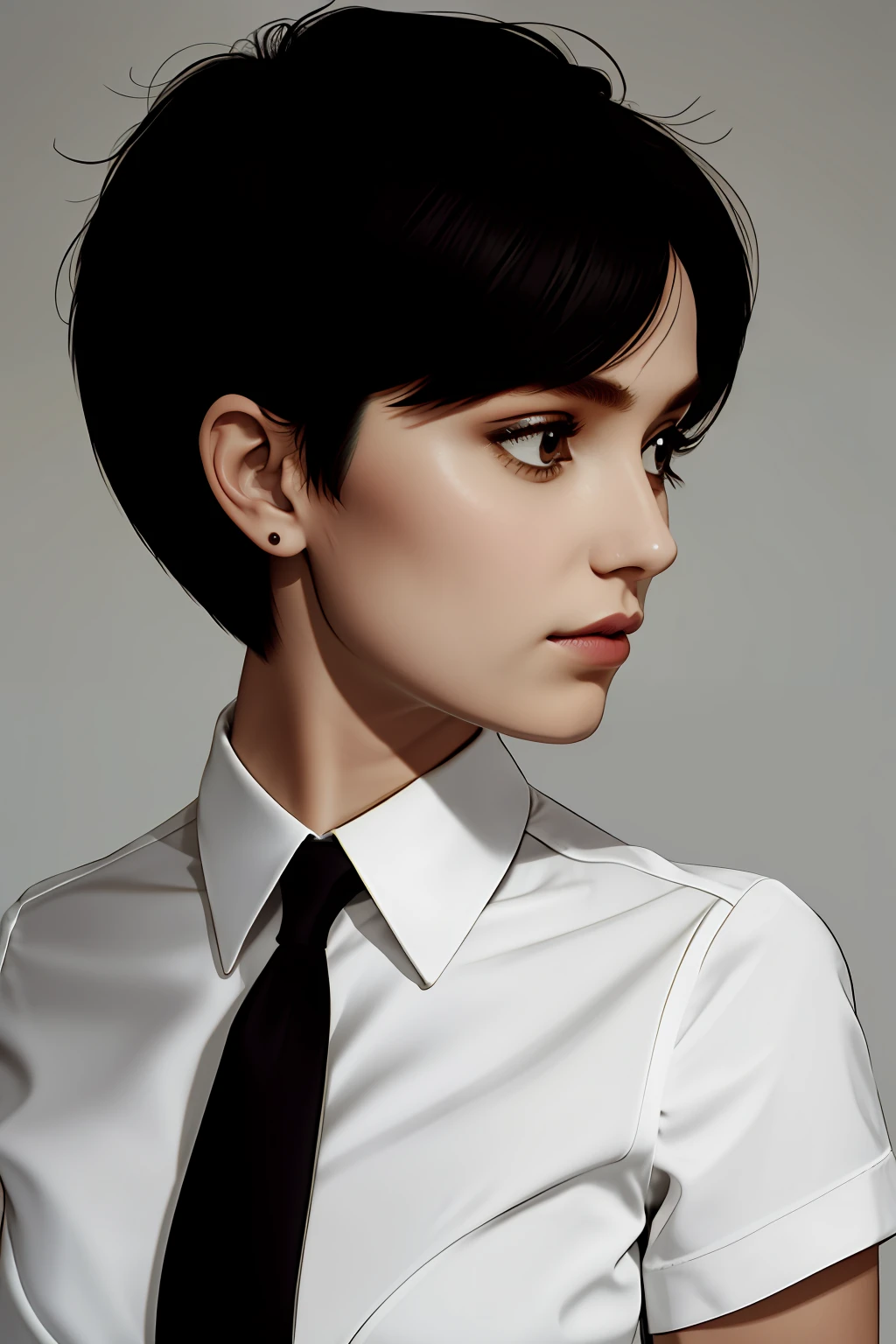 a 1girl, body complet, very detail, a lot of details, very extremely beautiful, ((tmasterpiece, minimalism)), (Short Hair Hair), black necktie, Red shirt, bright colours, looks into the distance,