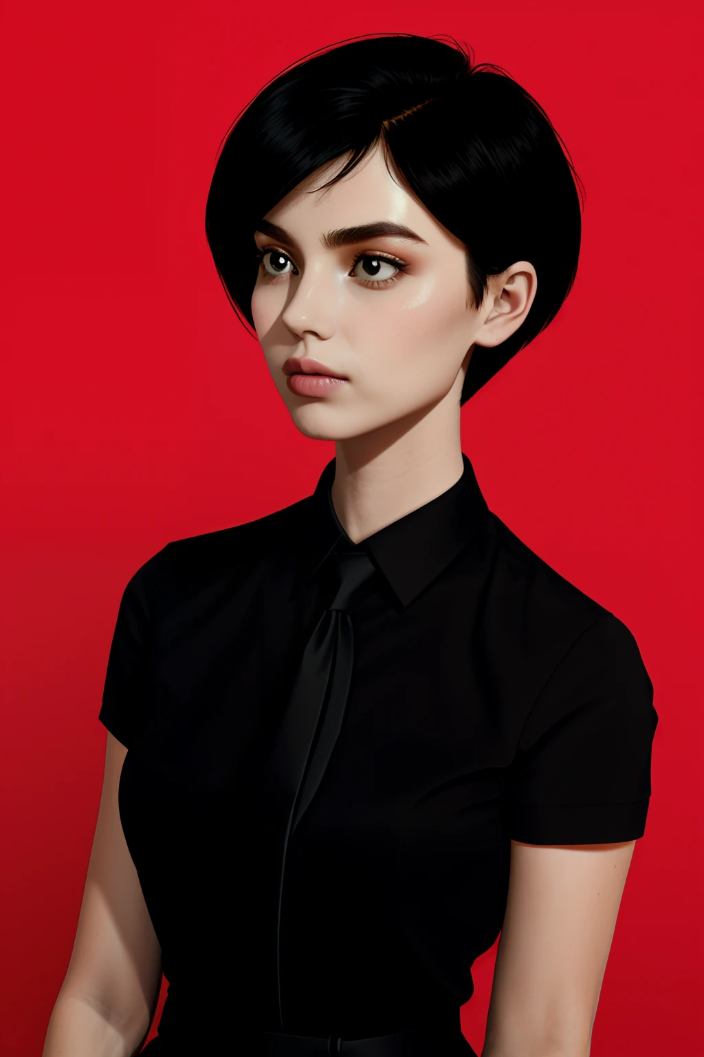 a 1girl, body complet, very detail, a lot of details, very extremely beautiful,  ((tmasterpiece, minimalism)), (Short Hair Hair), black necktie, Red shirt, bright colours, looks into the distance,