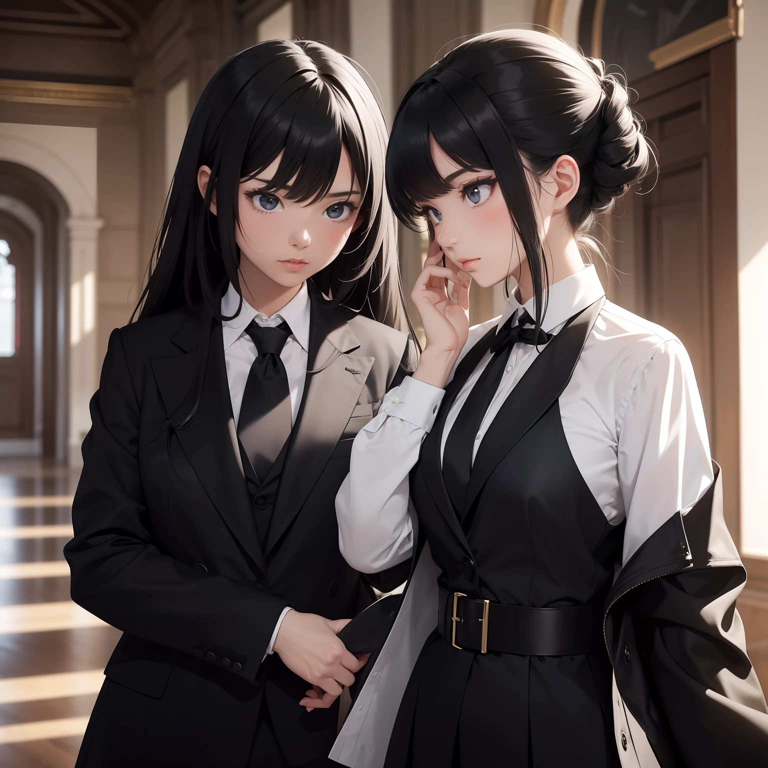 Generate a highly detailed and sharp image portraying two distinct college girls named Yori and Aina. Yori, radiating confidence and a hint of attitude, wears a white shirt, a black tie, and a stylish black coat. In contrast, Aina, embodying a reserved demeanor, is dressed in a white shirt, a black tie, and a black coat. Set the scene in a college hall, capturing the essence of their contrasting personalities through their attire and body language. The image should exude a sense of authenticity and vibrancy, allowing viewers to appreciate the individuality of these captivating characters."