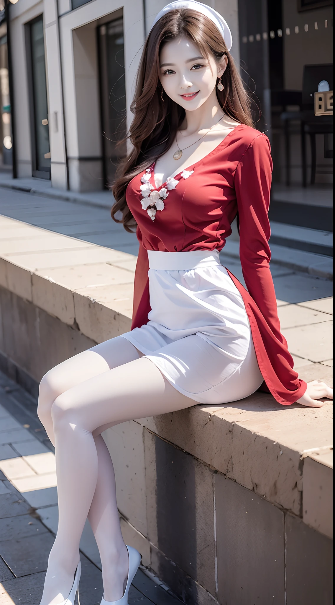 Gorgeous woman photos,The natural appearance of a red face,Blonde hair,beautidful eyes,Smiling,Fine Necklace,Exposure camera,short red dress,White stockings,Elaborately depicted long legs,the street,Photorealistic,8K skin naturalness,Kodak cinematic sense
